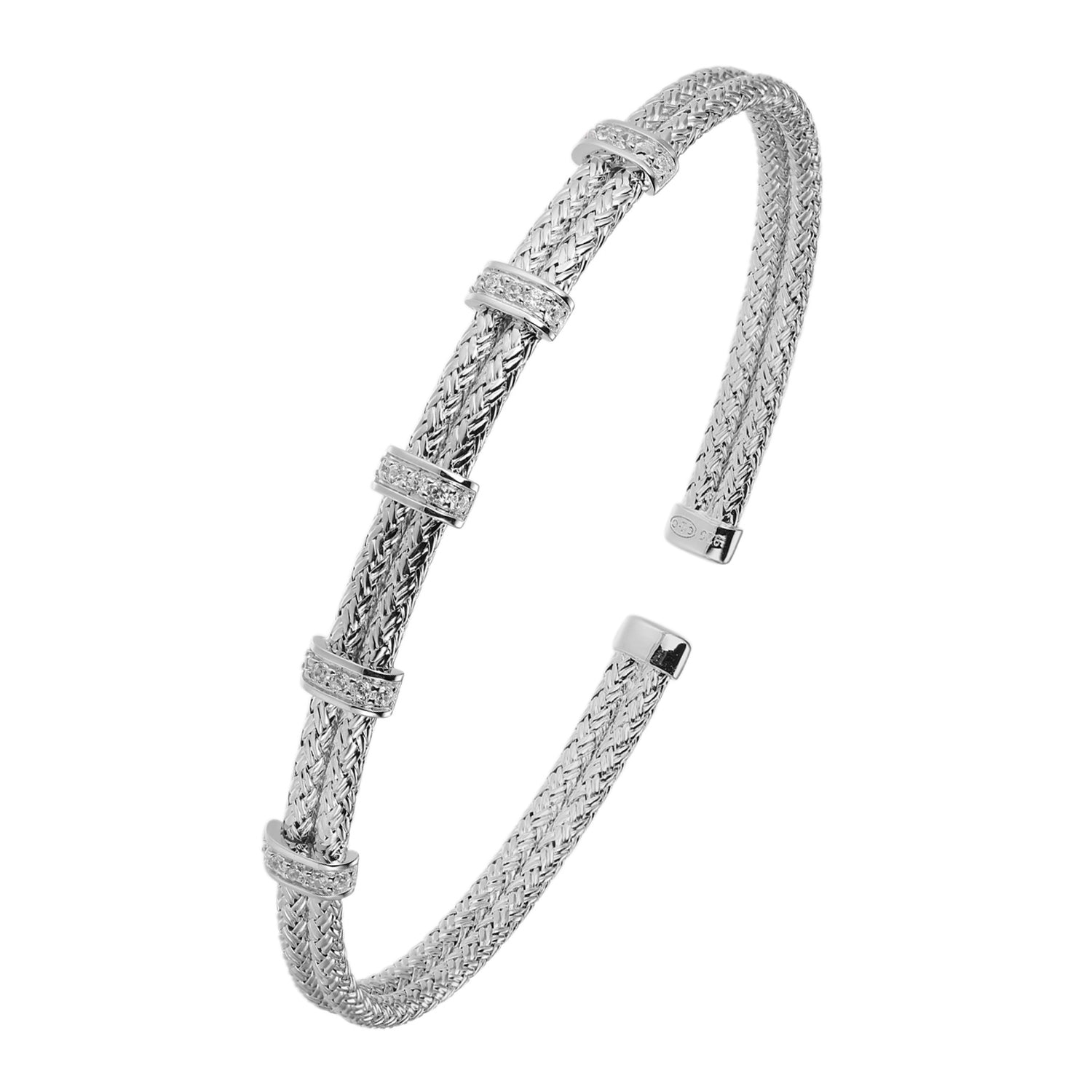 Sterling Silver Double 2Mm Mesh Cuff With Cz, Rhodium Finish