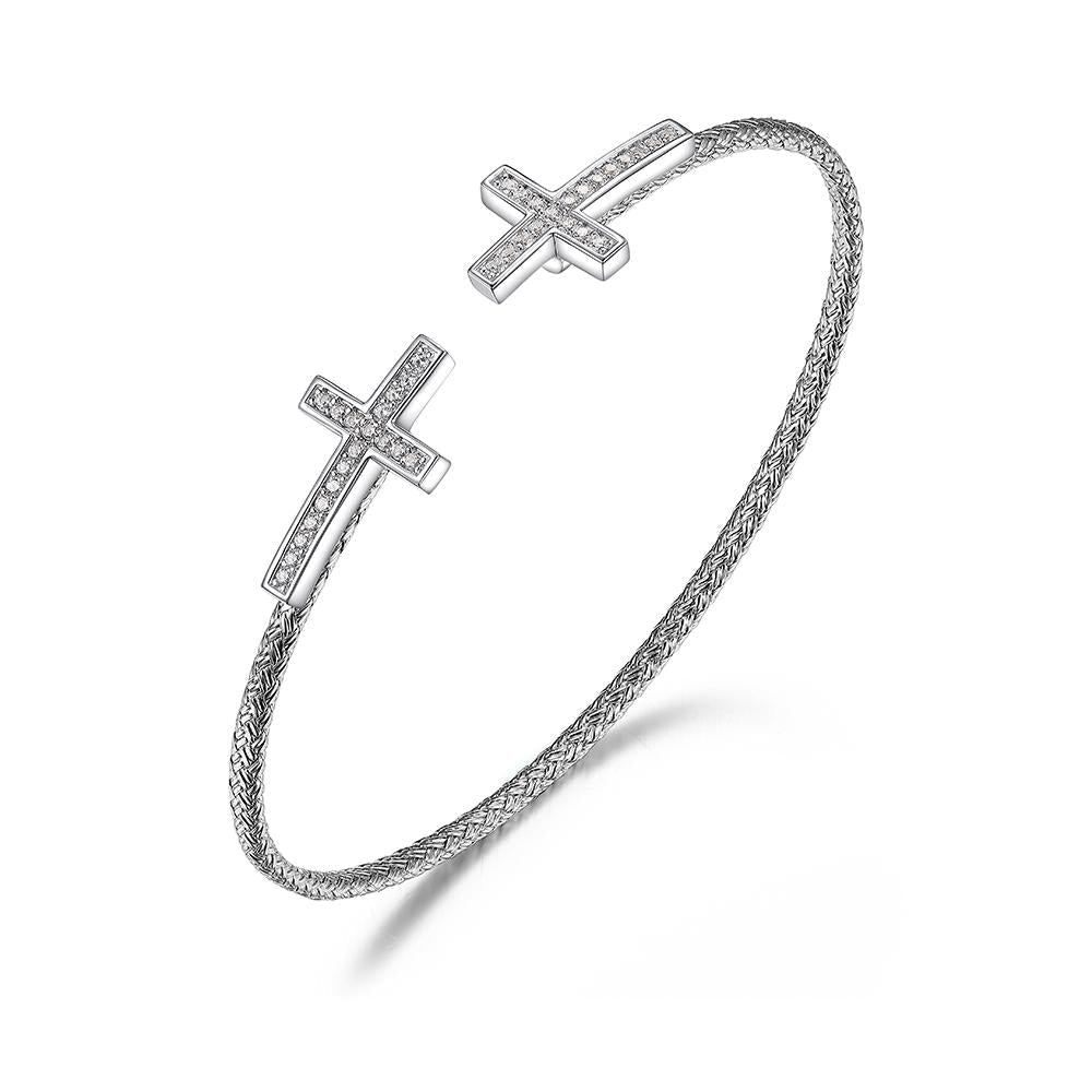 Sterling Silver 2Mm Mesh Cuff With Cz, Rhodium Finish