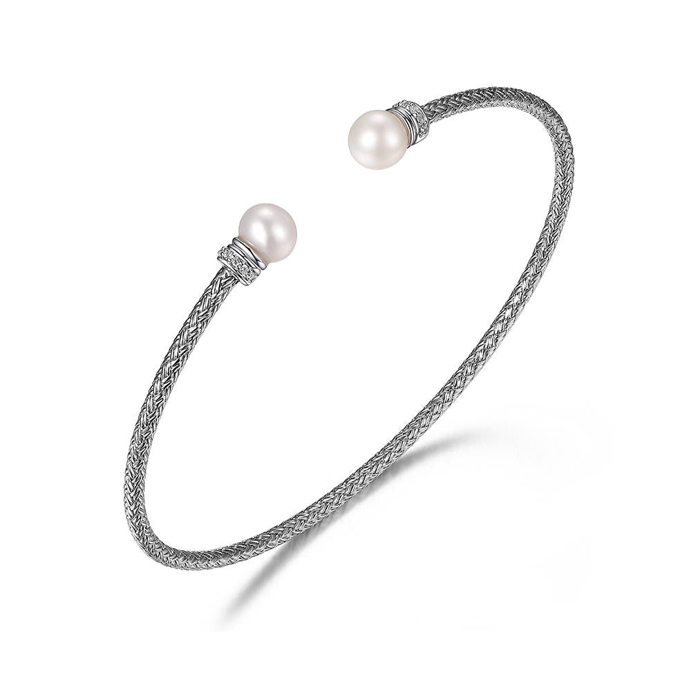 Sterling Silver 2Mm Mesh Cuff With Freshwater Pearl And Cz, Rhodium Finish