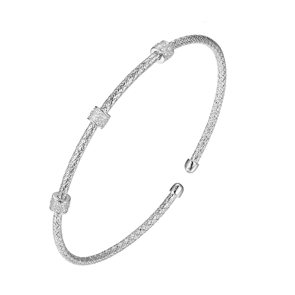 Sterling Silver 2Mm Mesh Cuff With Cz, Rhodium Finish