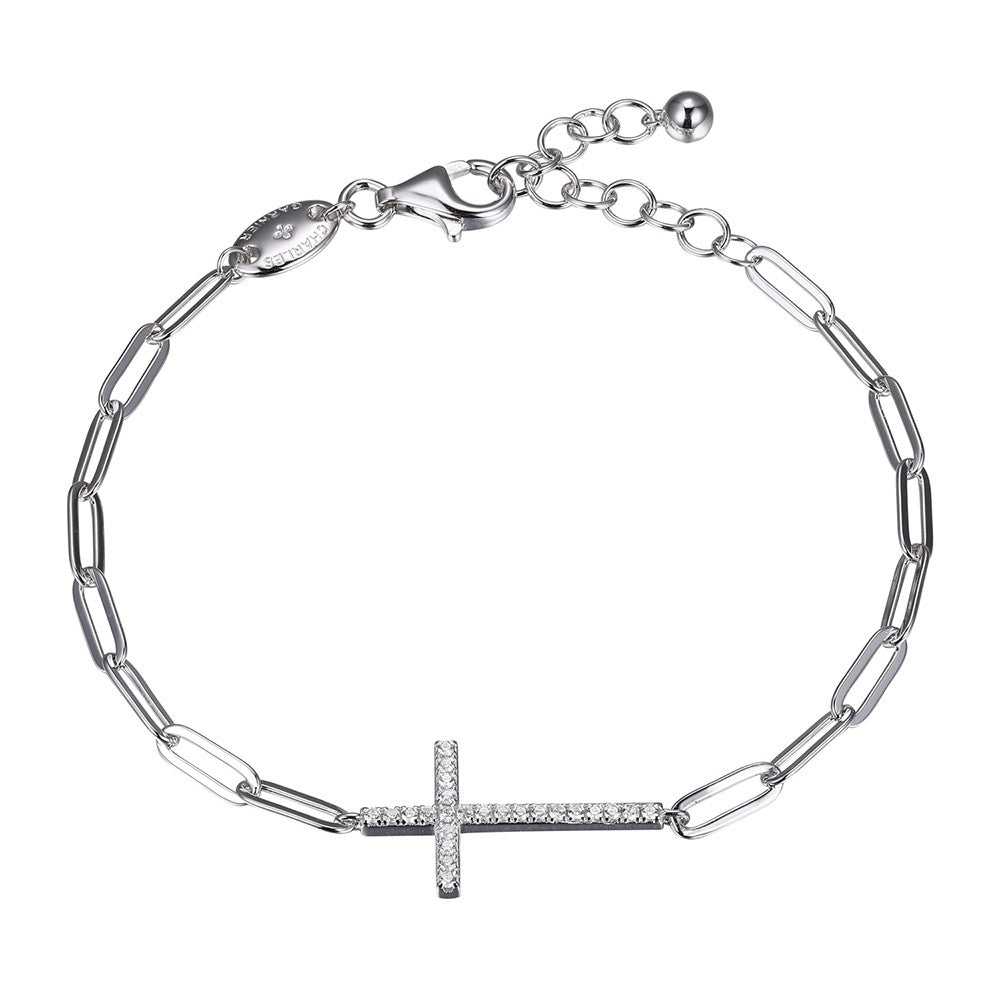 Sterling Silver Bracelet Made With Paperclip Chain (3Mm) And Cz Cross In Center, Measures 6.75" Long, Plus 1.25" Extender For Adjustable Length, Rhodium Finish