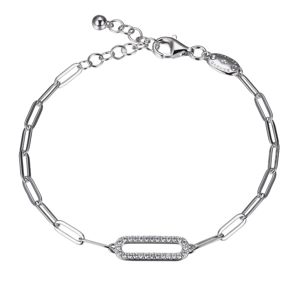 Sterling Silver Bracelet Made With Paperclip Chain (3Mm) And Cz Link (18X6Mm) In Center, Measures 6.75" Long, Plus 1.25" Extender For Adjustable Length, Rhodium Finish