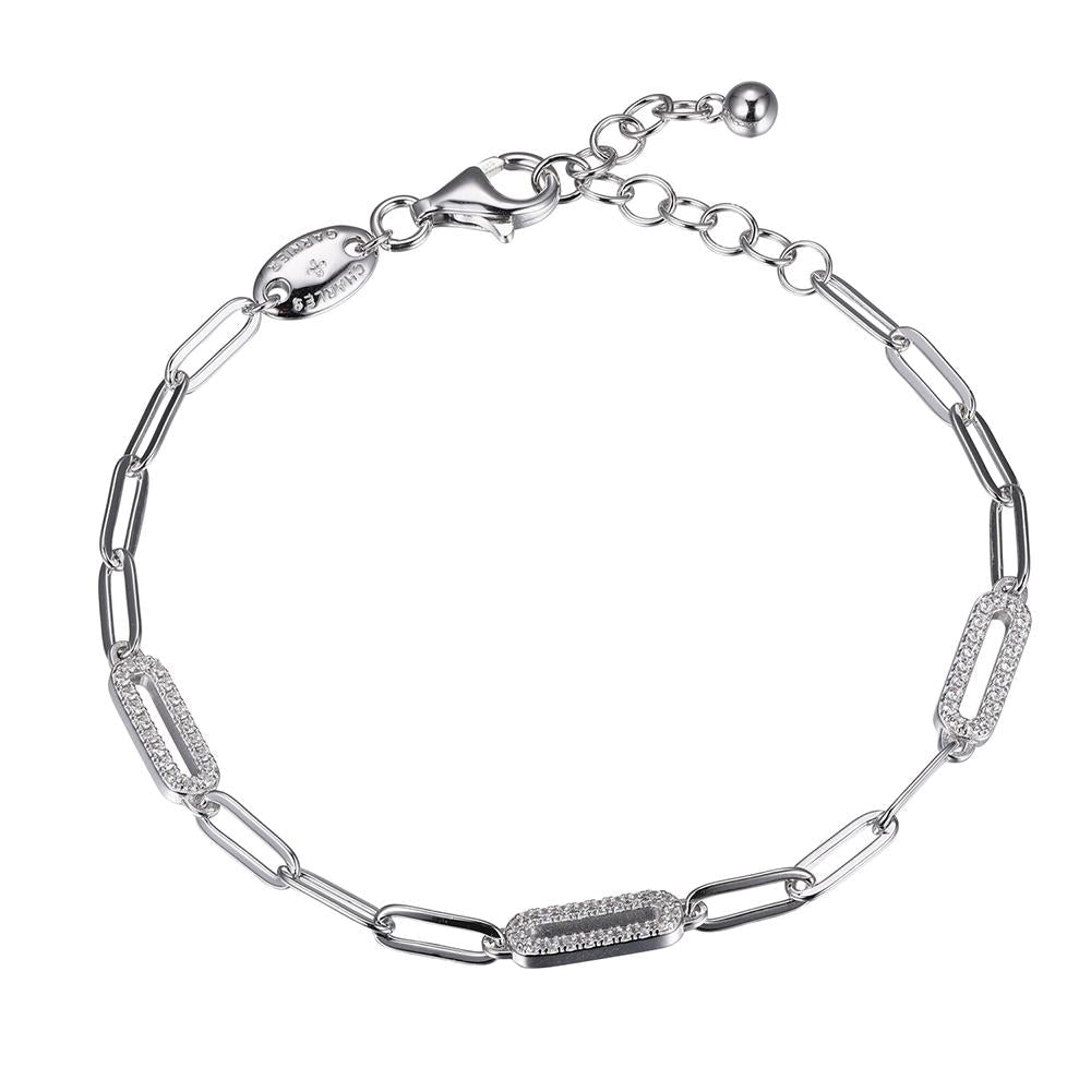Sterling Silver Bracelet Made With Paperclip Chain (3Mm) And 3 Cz Link (12X4Mm) Stations, Measures 6.75" Long, Plus 1.25" Extender For Adjustable Length, Rhodium Finish