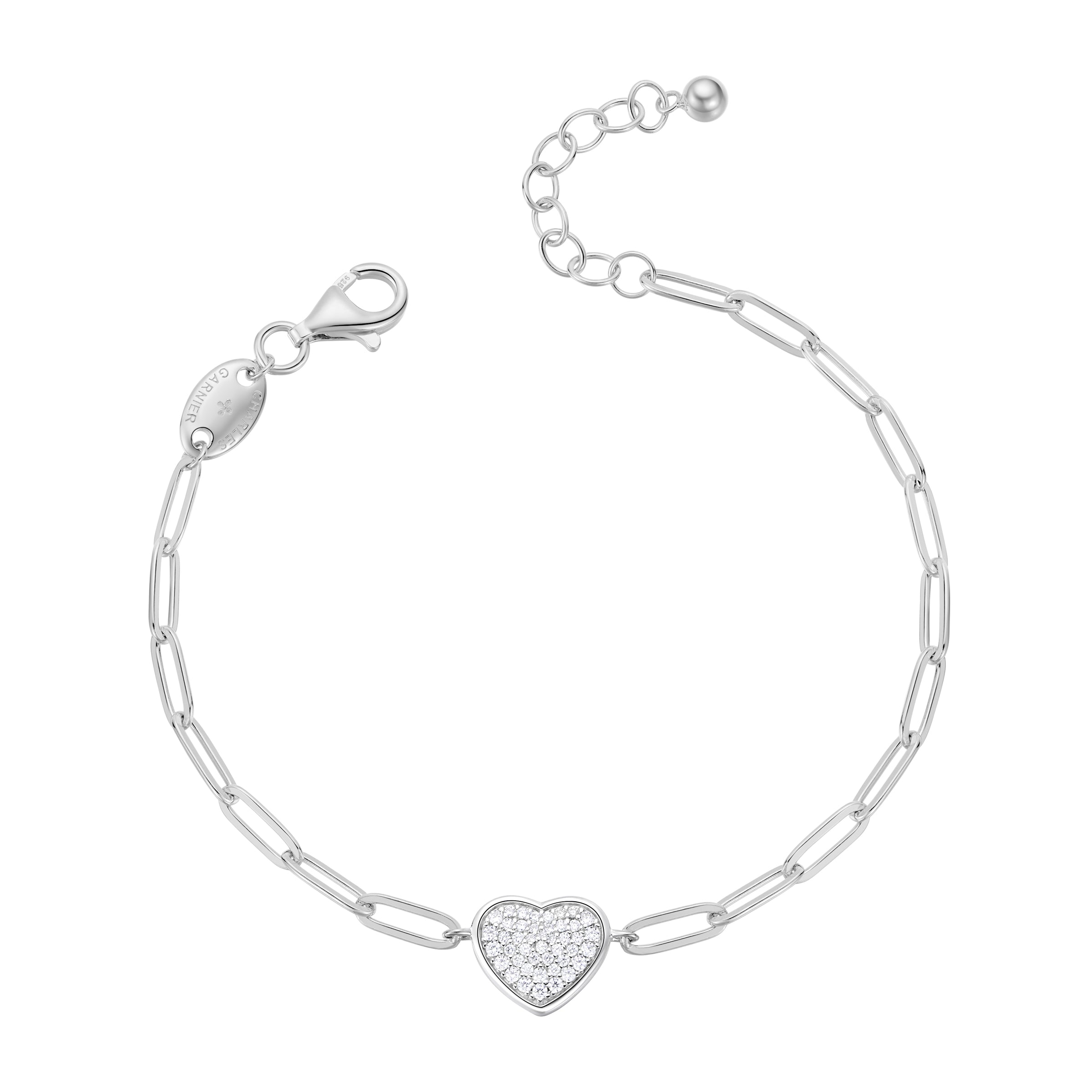 Sterling Silver Bracelet Made With Paperclip Chain (3Mm) And Pave Cz Heart (12Mm) In Center, Measures 6.75" Long, Plus 1.25" Extender For Adjustable Length, Rhodium Finish