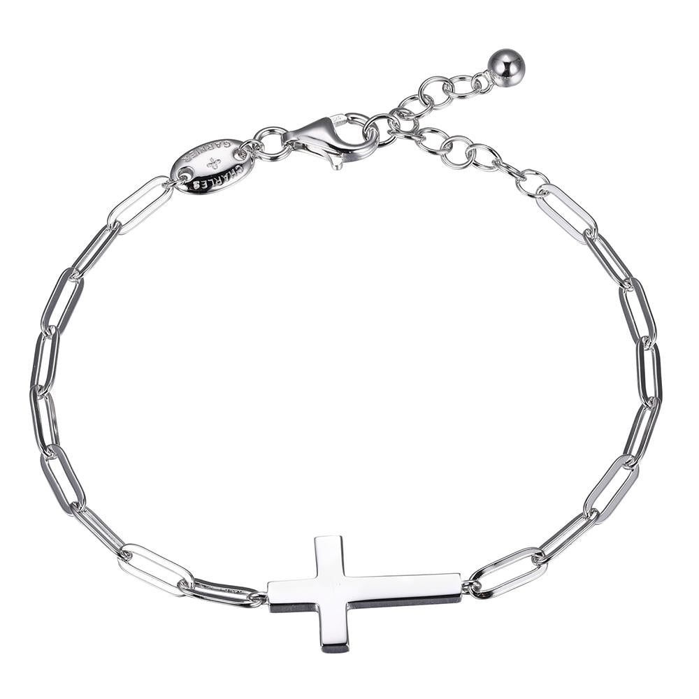 Sterling Silver Bracelet Made With Paperclip Chain (3Mm) And Cross In Center, Measures 6.75" Long, Plus 1.25" Extender For Adjustable Length, Rhodium Finish