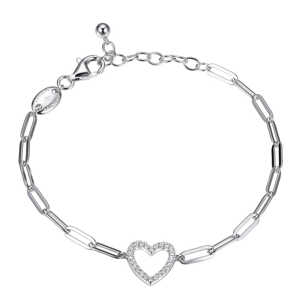 Sterling Silver Bracelet Made With Paperclip Chain (3Mm) And Cz Open Heart (12X12Mm) In Center, Measures 6.75" Long, Plus 1.25" Extender For Adjustable Length, Rhodium Finish