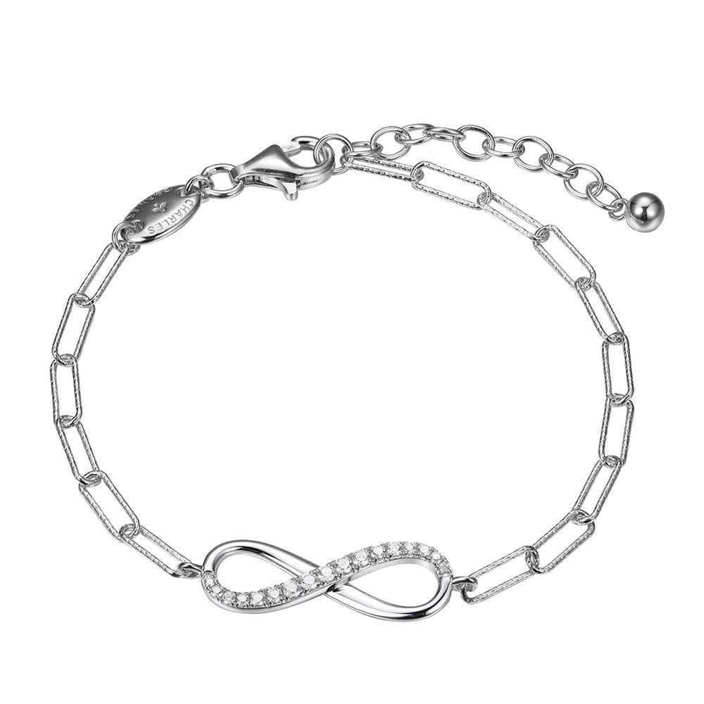 Sterling Silver Bracelet Made With Diamond Cut Paperclip Chain (3Mm) And Reversible Cz Infinity (24X8Mm) In Center , Measures 6.75" Long, Plus 1.25" Extender For Adjustable Length, Rhodium Finish