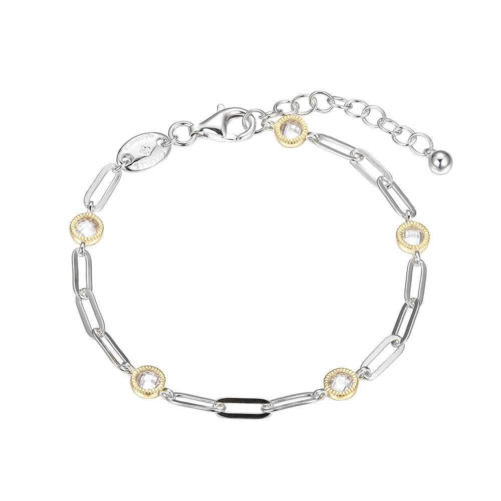Sterling Silver Bracelet Made With Paperclip Chain (3Mm) And 5 Cz (4Mm) Stations, Measures 6.75" Long, Plus 1.25" Extender For Adjustable Length, 2 Tone, Rhodium And 18K Yellow Gold Finish