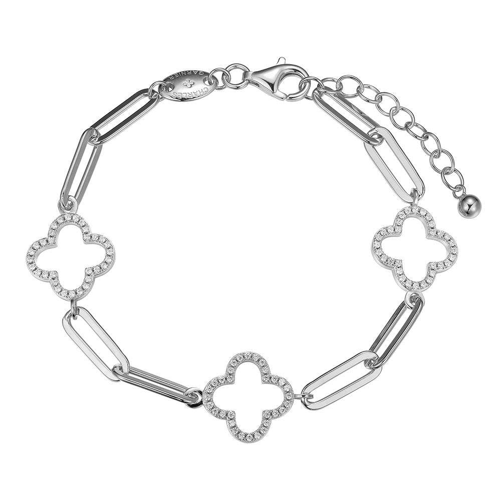 Sterling Silver Bracelet Made With Paperclip Chain (5Mm) And 3 Cz Clover (14X14Mm) Stations, Measures 6.75" Long, Plus 1.25" Extender For Adjustable Length, Rhodium Finish