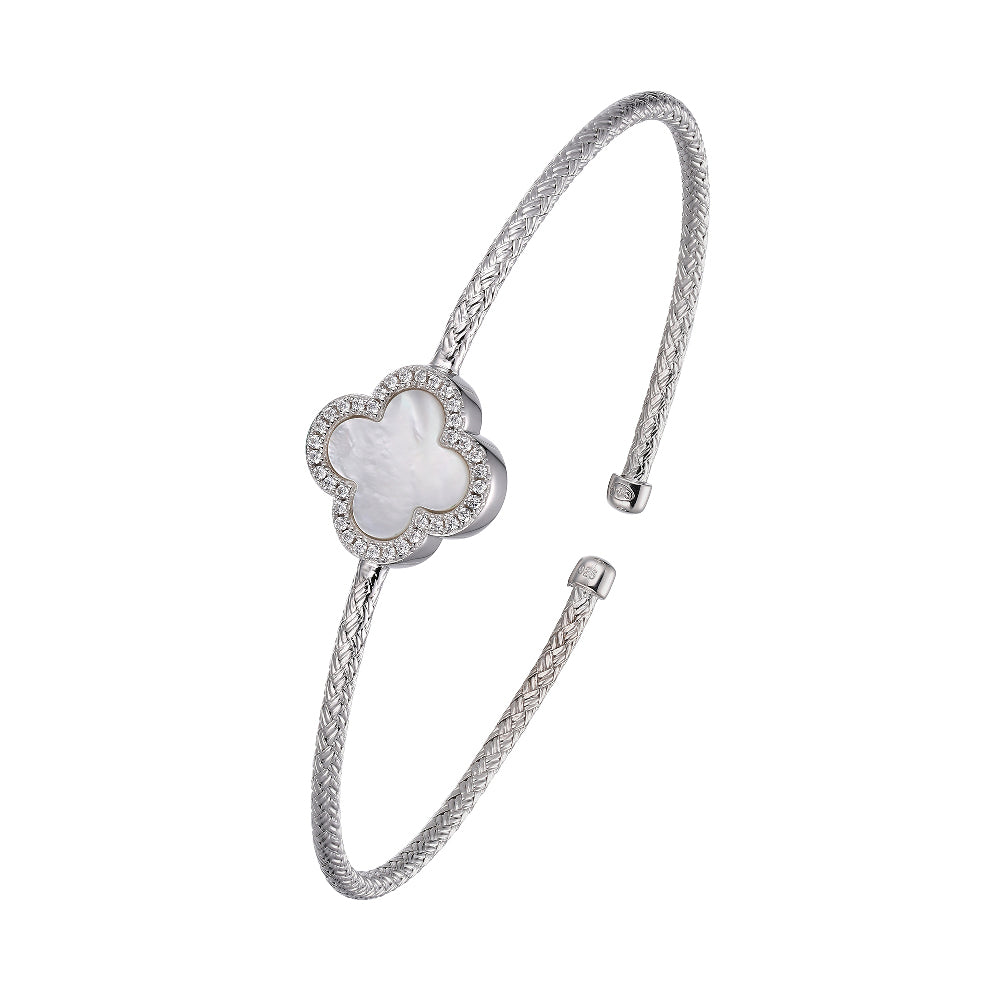 Sterling Silver 2Mm Mesh Cuff With White Mother Of Pearl (Clover Shape 11X11Mm) And Cz, Circumference 6.75", Rhodium Finish