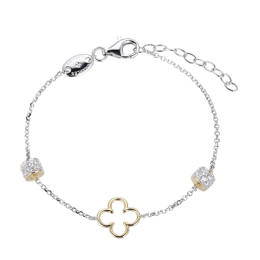Sterling Silver Bracelet Made With Rolo Chain And Cz Rondelles, Clover Stations, Measures 6.75" Long, Plus 1.25" Extender For Adjustable Length, 2 Tone, Rhodium And 18K Yellow Gold Finish