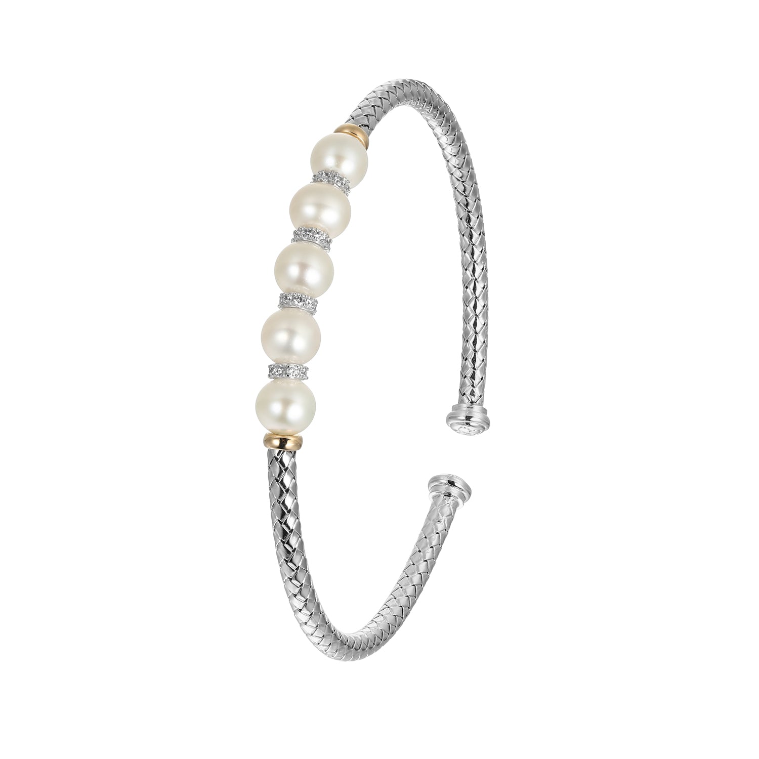 Sterling Silver 3Mm Mesh ,Freshwater Pearl(6.0-6.5Mm) And Cubic Zirconia  Cuff Bracelet Rhodium And Yellow Gold Finish Inner Circumference 6.75"