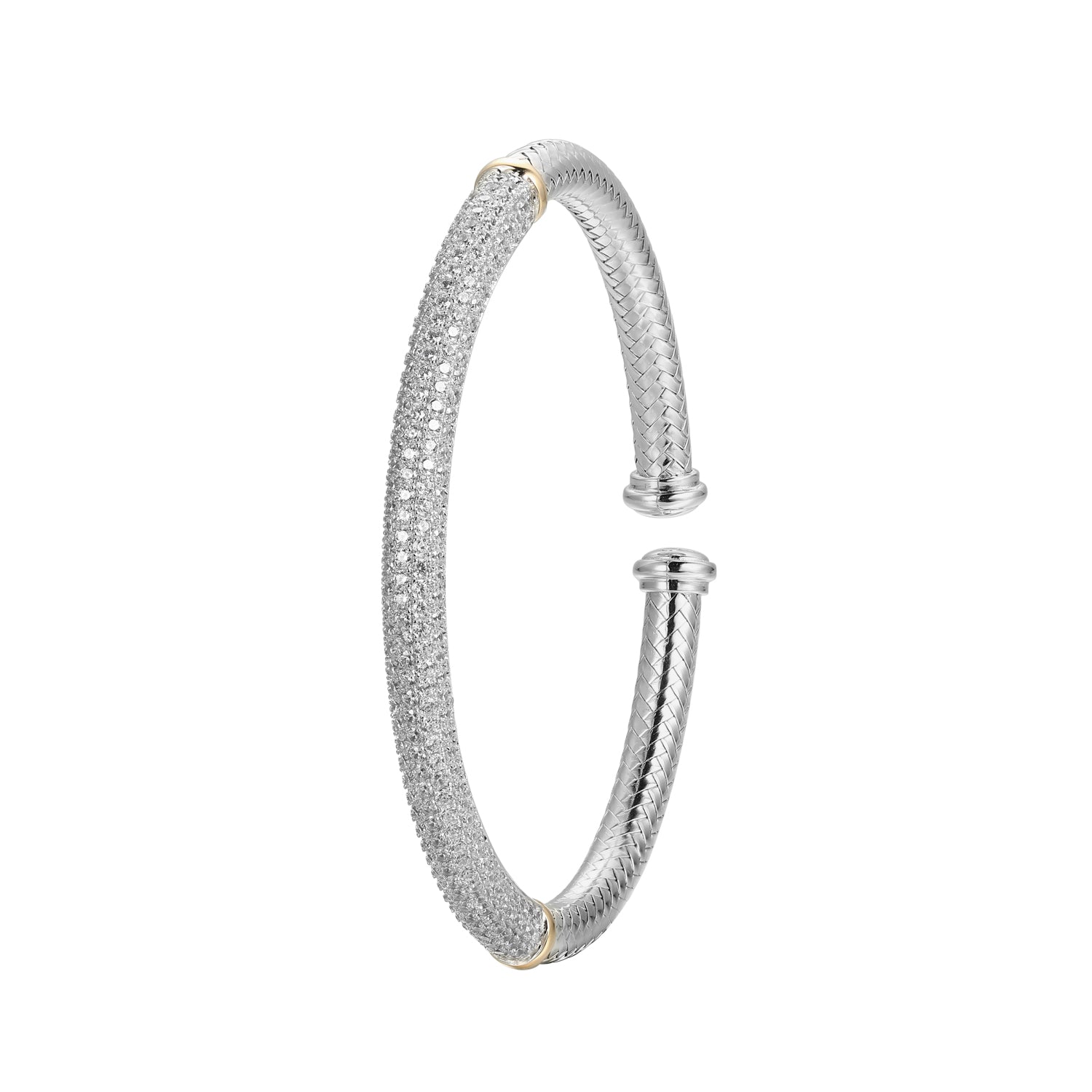 Sterling Silver 5Mm Mesh Cubic Zirconia Cuff Bracelet Rhodium And Yellow Gold Finish Inner Circumference  6.75"