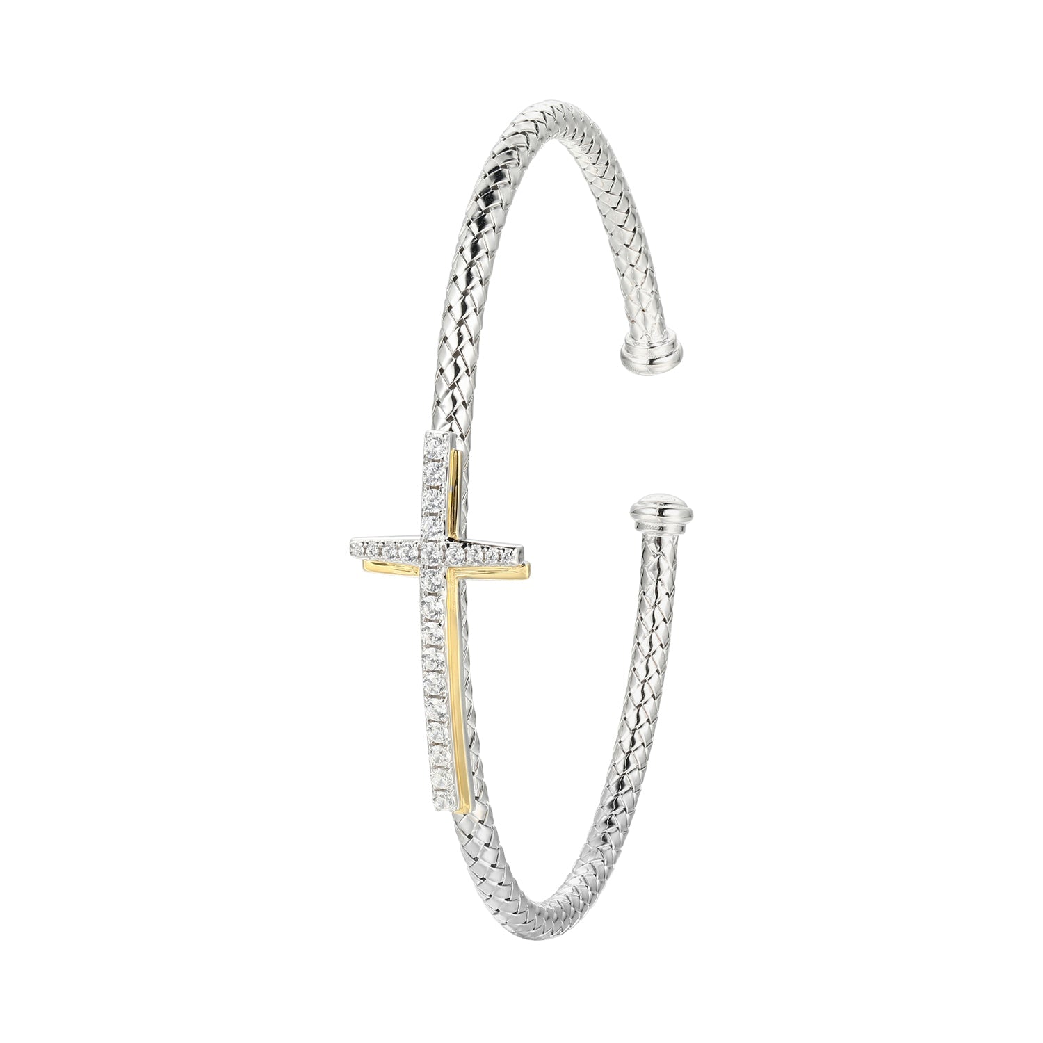 Sterling Silver Cubic Zirconia Cross Mesh Cuff Measures  60 X 50 Mm Inner Circumference 6.75"Rhodium And Yellow Gold Finish