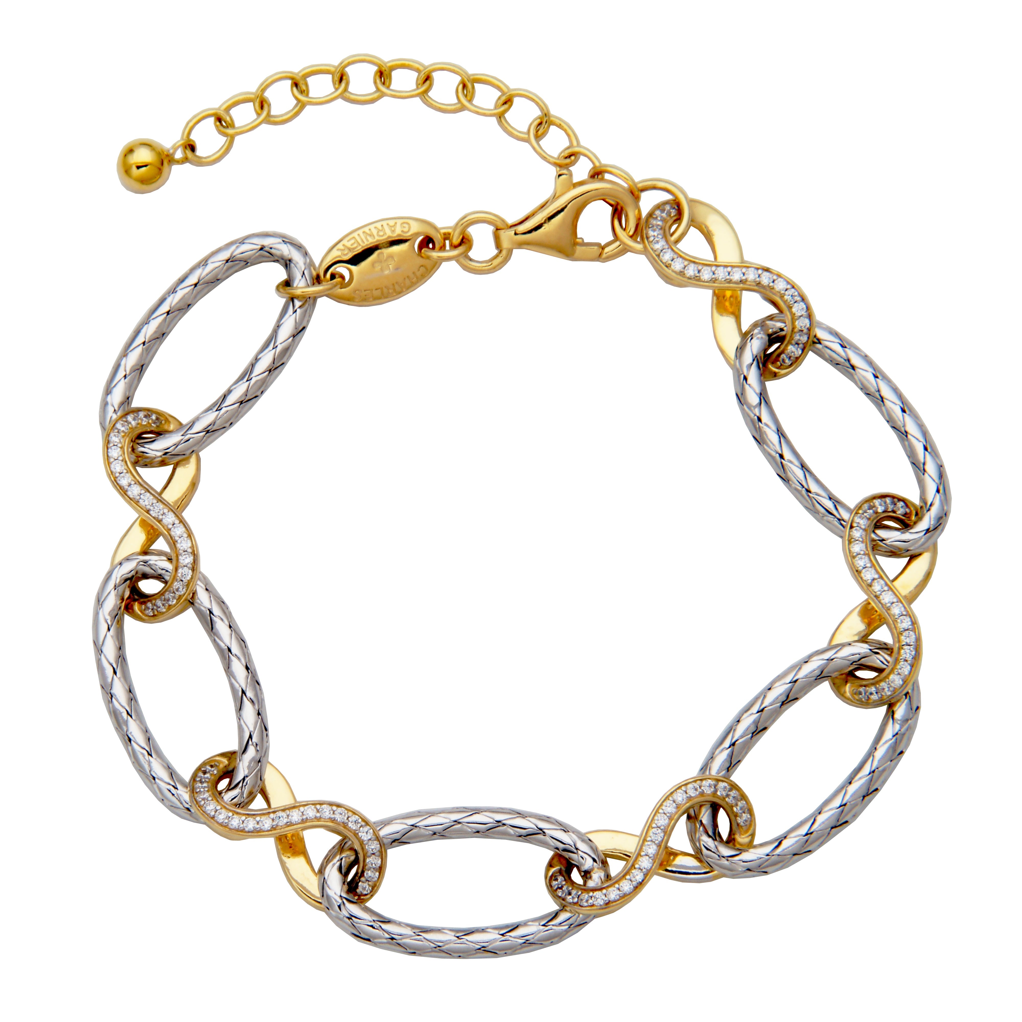 Sterling Silver 2Mm Mesh Link And Cubic Zirconia  Bracelet Measures 6.75 Plus 1.5" Extender For Adjustable Length Rhodium And Yellow Gold Finish