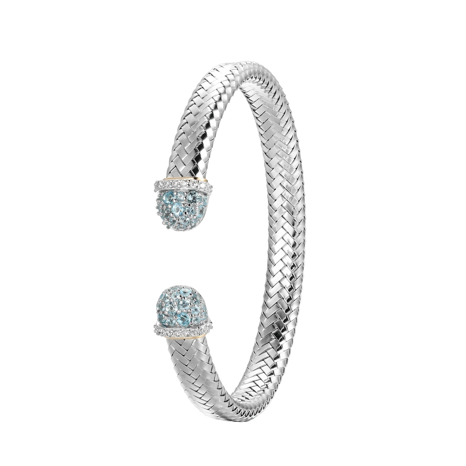Sterling Silver Mesh Cuff Sky Blue Topaz And Cubic Zirconia Bracelet Inner Circumference 6.75" Rhodium And Yellow Gold Finish