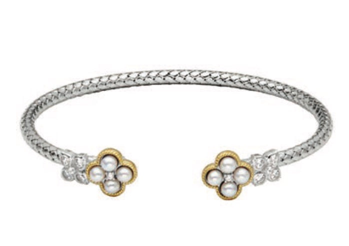 Sterling Silver Freshwater Pearl (3-3.5Mm) Cubic Zirconia Cuff Bracelet Rhodium And Yellow Gold Finish Inner Circumference 6.75"