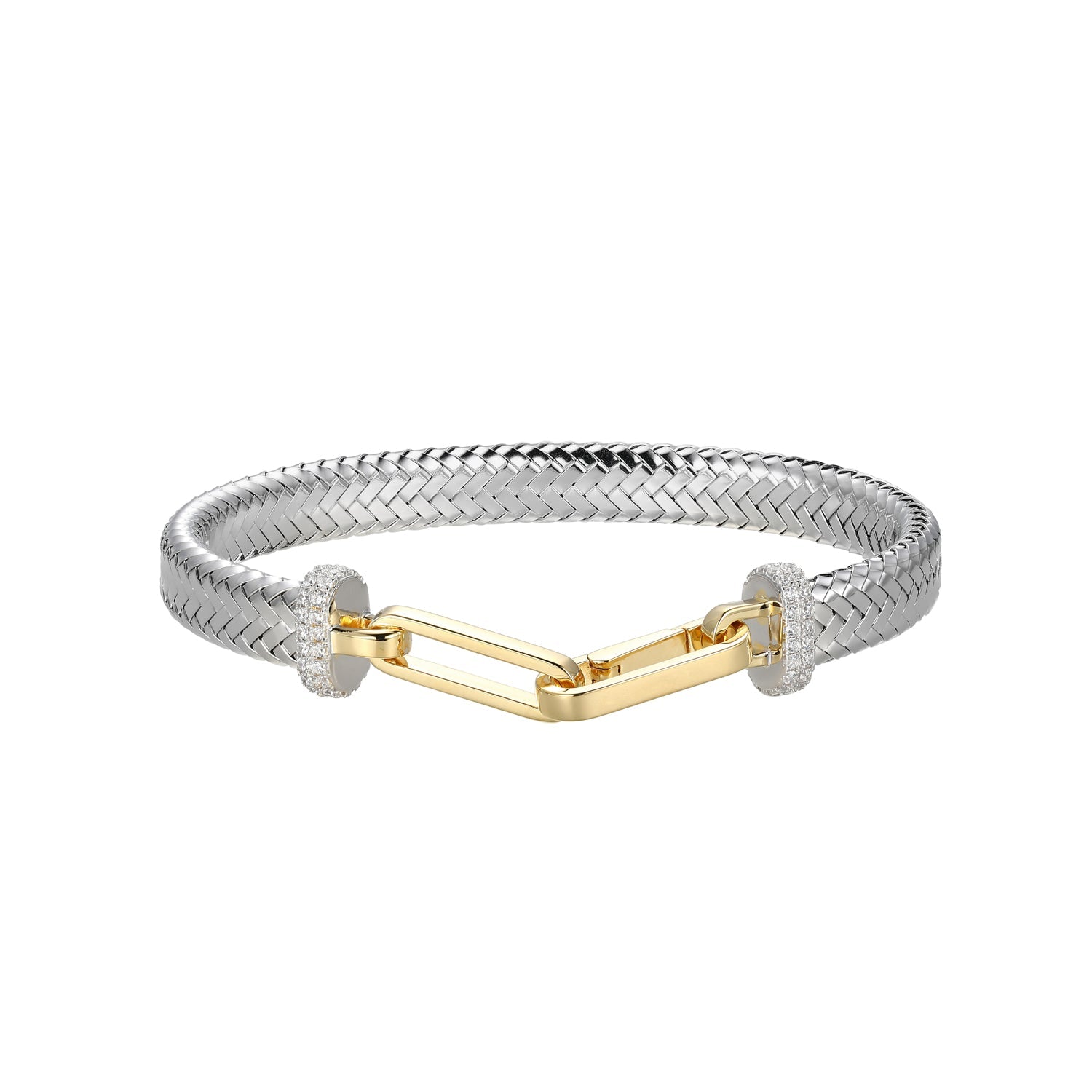 Sterling Silver Mesh With Link Cubic Zirconia Bracelet Inner Circumference 6.75" Rhodium And Yellow Gold Finish