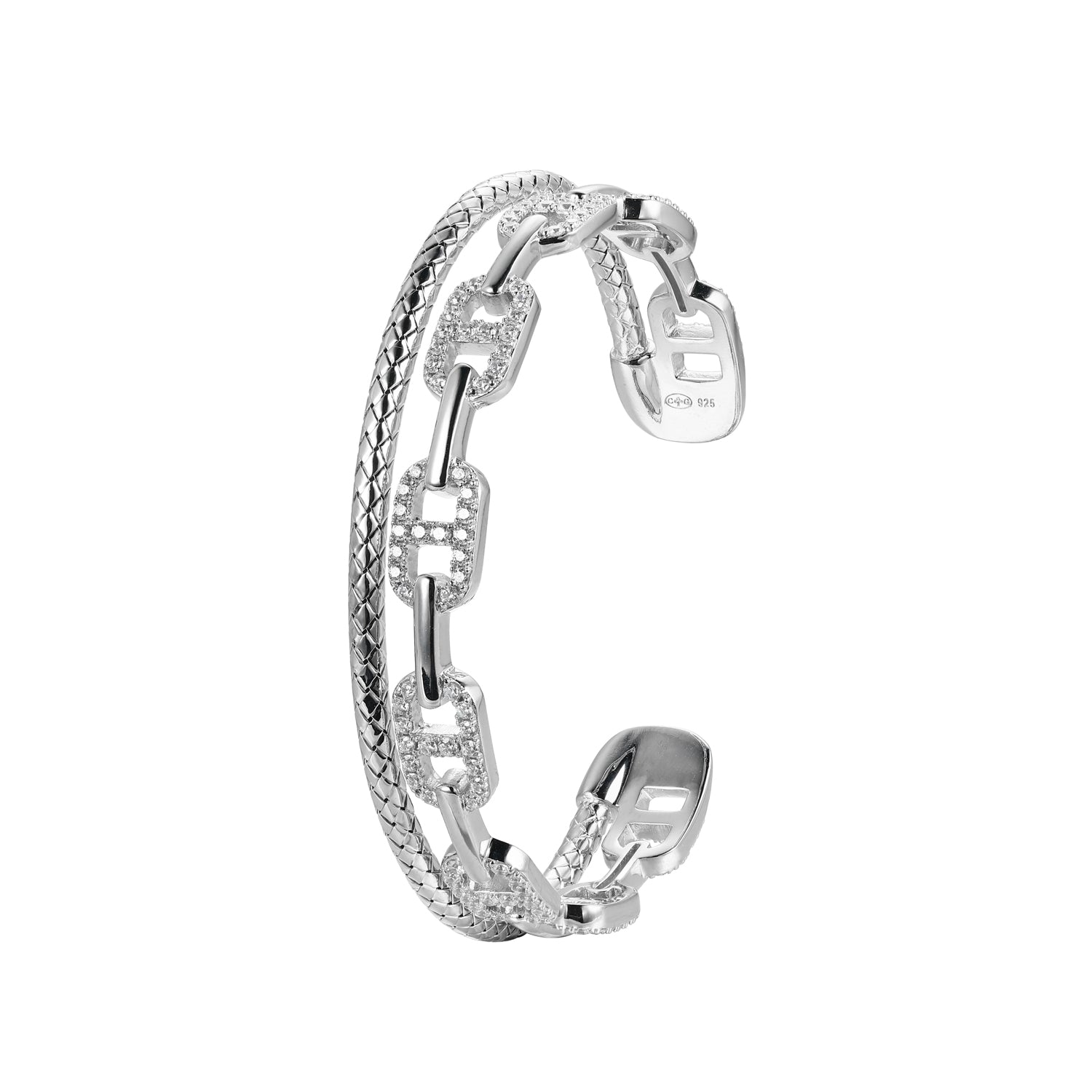 Sterling Silver Classic Mesh And Marina Link Cubic Zirconia Cuff Bangle  Rhodium Plated Inner Circumference 6.75"