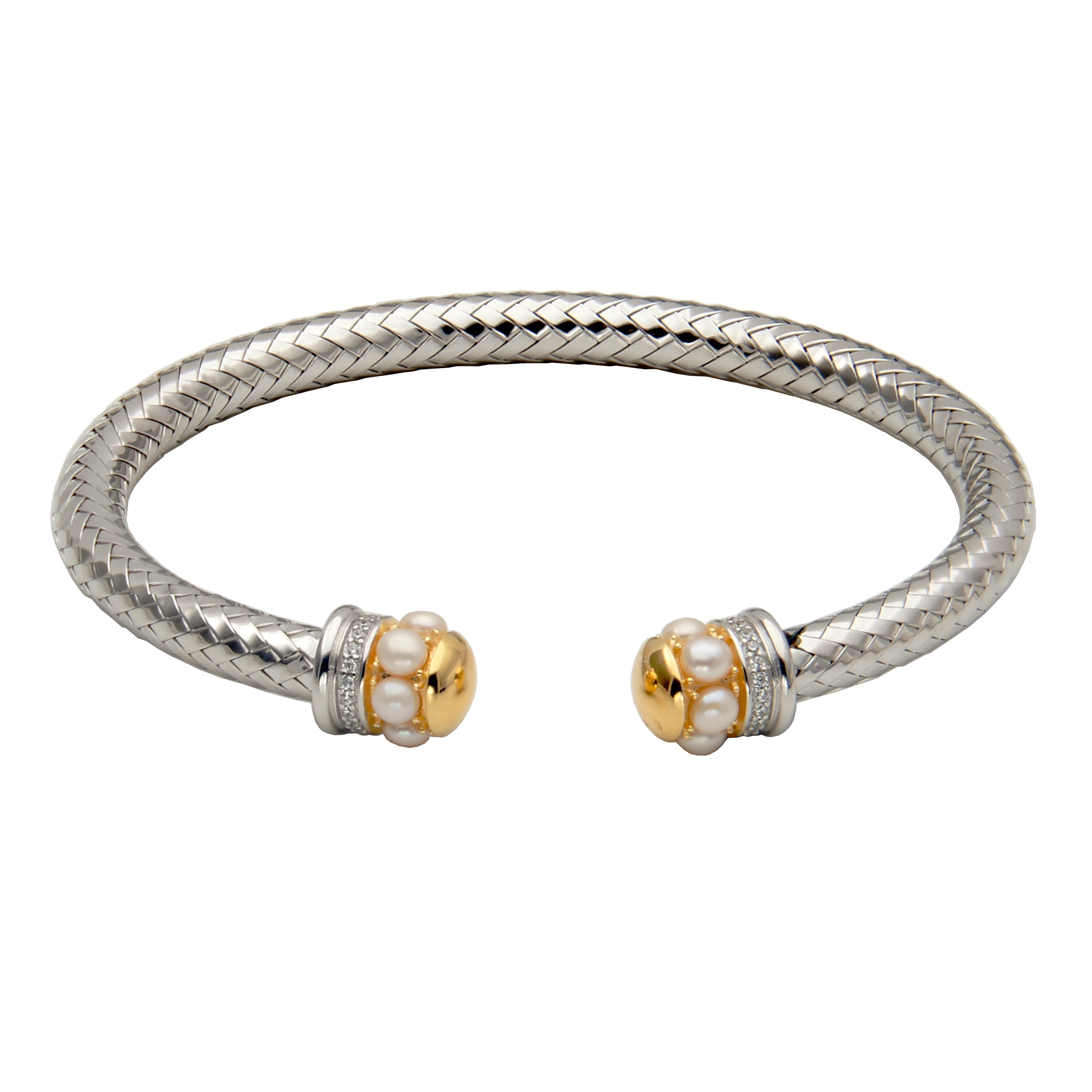 Sterling Silver Freshwater Pearl(3-3.5mm)cubic Zirconia Mesh Cuff Inner Circumference Measures 6.75" Rhodium And Yellow Gold Finish