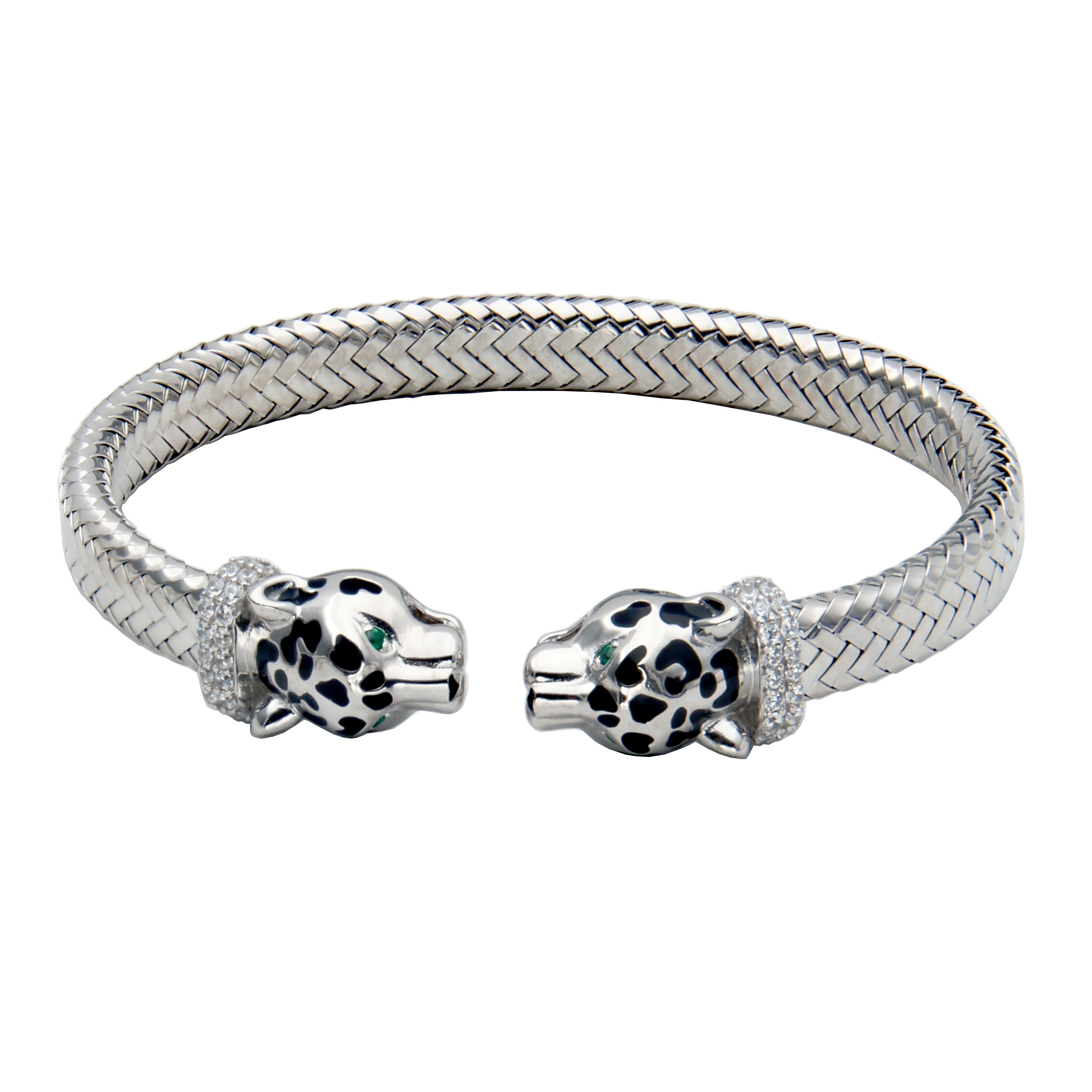 Sterling Silver Cubic Zirconia Panther Mesh Cuff Bracelet Inner Circumference Measures 6.75" Epoxy Rhodium Finish