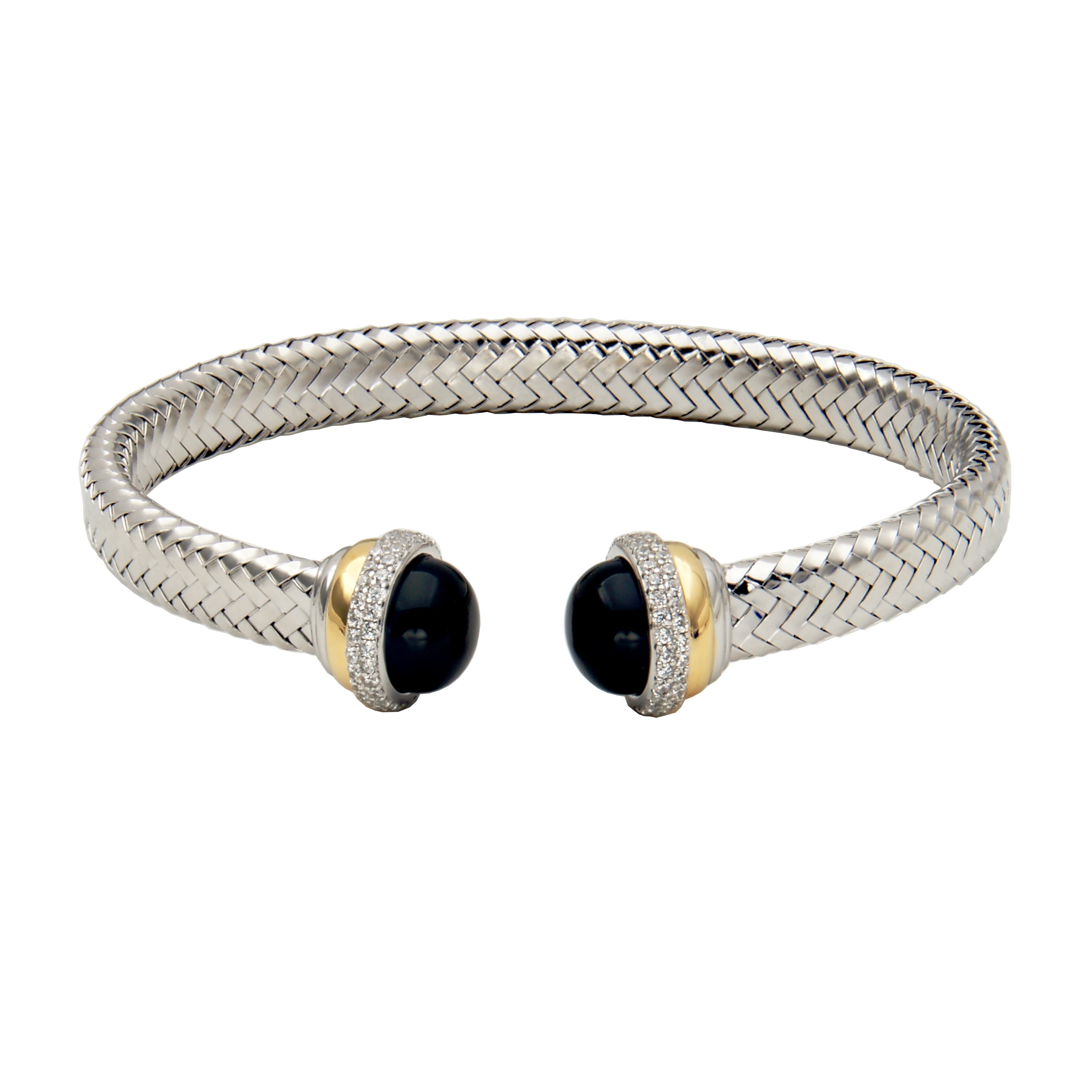 Sterling Silver Black Agate And Cubic Zirconia Cuff Bracelet Inner Circumference 6.75" Rhodium And Yellow Gold Finish