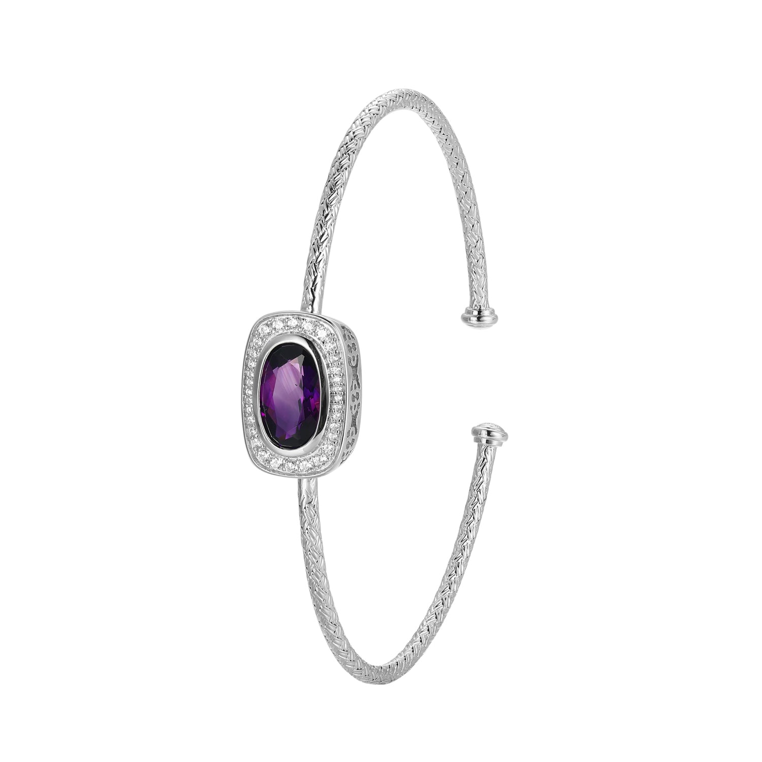 Sterling Silver Classic Mesh 2 Genuine Amethyst And Cubic Zirconia Cuff Bracelet Inner Circumference 6.75" Rhodium Finish