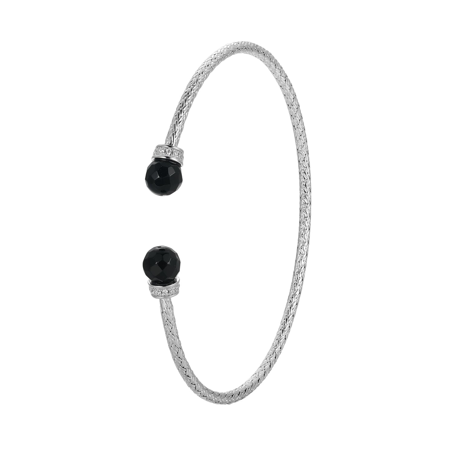 Sterling Silver Classic Mesh Black Agate And Cubic Zirconia Cuff Bangle Rhodium Finish Nner Circumference 6.75"