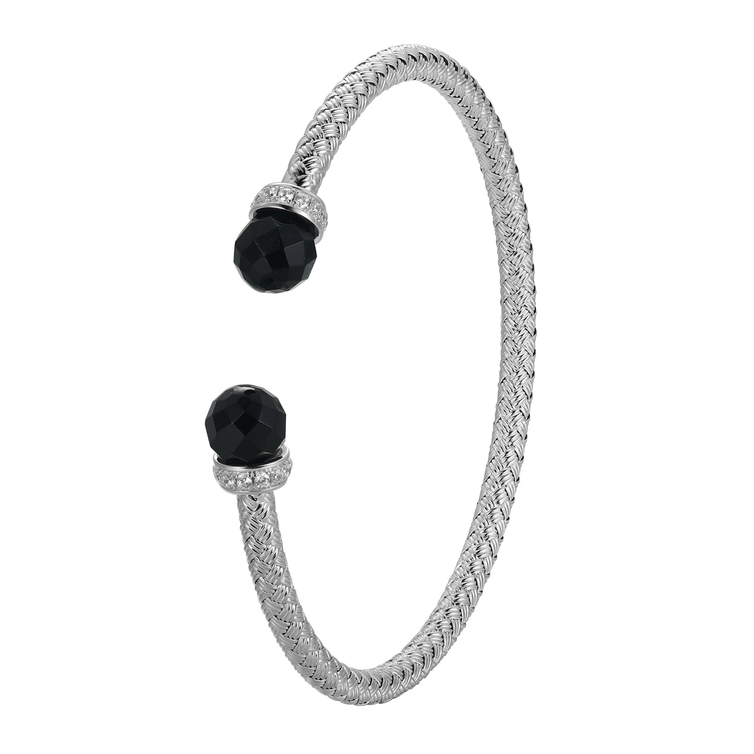 Sterling Silver Classic  Mesh Black Agate And Cubic Zirconia Cuff Bangle Rhodium Finish Nner Circumference 6.75"