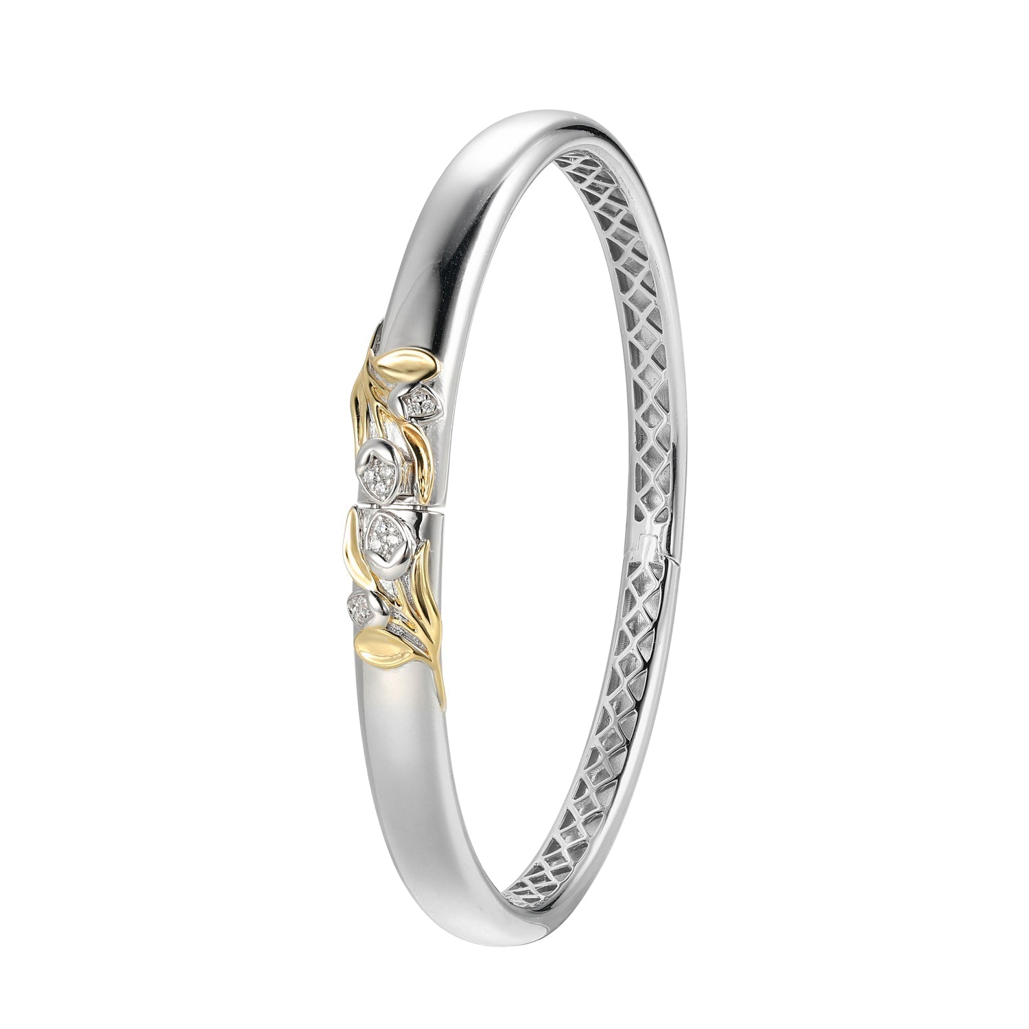 Sterling Silver Secret Message Cubic Zirconia Bangle Inner Circumference 6.75" Rhodium And Yellow Gold Finish