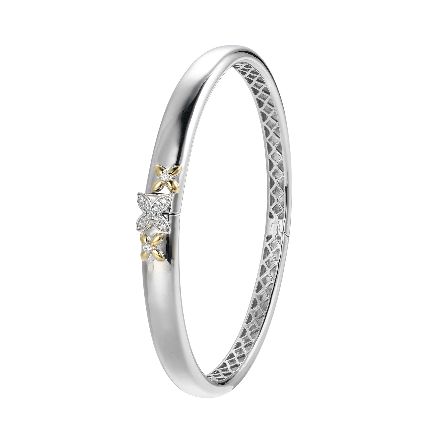 Sterling Silver Secret Message Cubic Zirconia Bangle Inner Circumference 6.75" Rhodium And Yellow Gold Finish