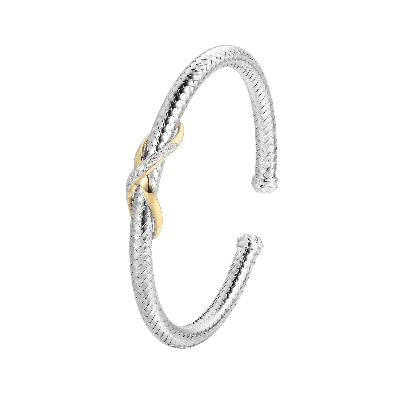Sterling Silver New Mesh 2 Cubic Zirconia Infinity Bracelet Inner Circumference 6.75" Rhodium And Yellow Gold Finish
