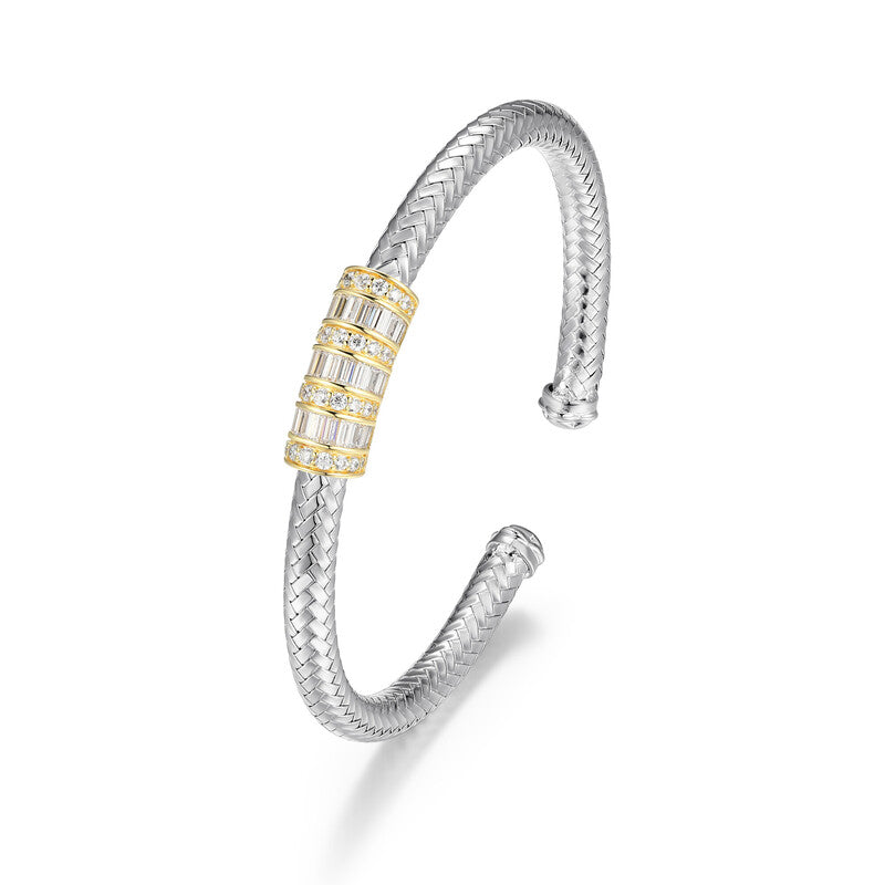 Sterling Silver New Mesh 2 Cubic Zirconia Baguette Station Cuff Bracelet Inner Circumference 6.75" Rhodium And Yellow Gold Finish
