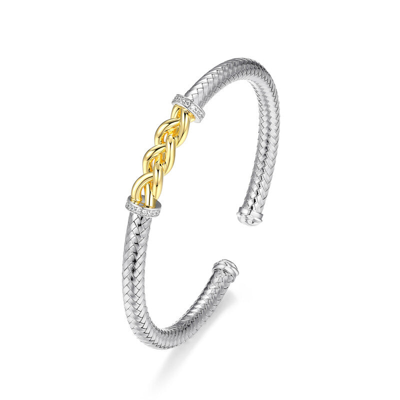 Sterling Silver New Mesh 2 Cubic Zirconia Cuff Bracelet Inner Circumference 6.75" Rhodium And Yellow Gold Finish
