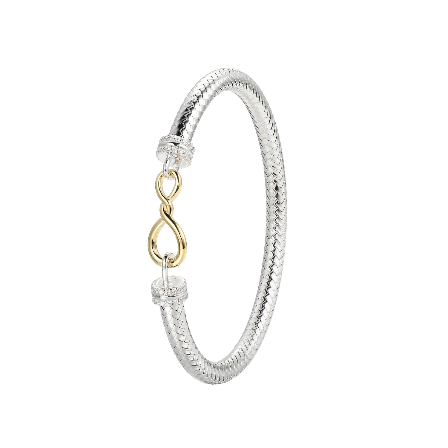 Sterling Silver New Mesh 2 Cubic Zirconia Infinity Bracelet Inner Circumference 6.75" Rhodium And Yellow Gold Finish