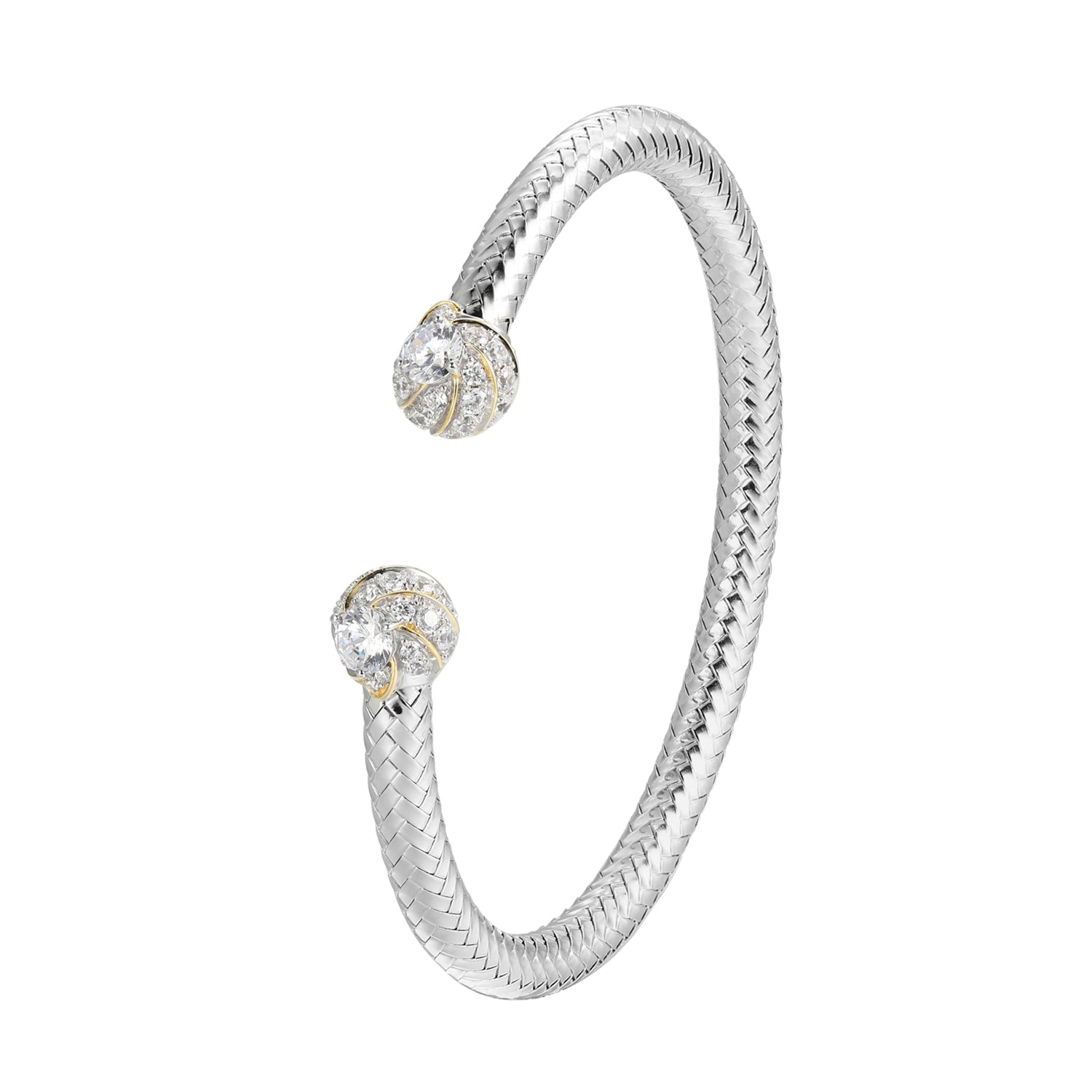 Sterling Silver New Mesh 2 Cubic Zirconia Knot Cuff Bracelet Inner Circumference 6.75" Rhodium And Yellow Gold Finish