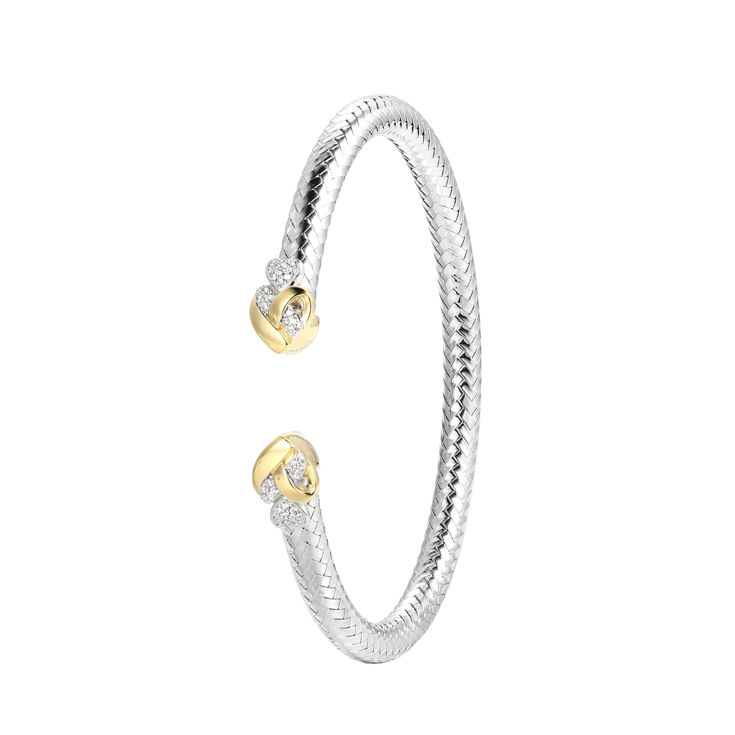 Sterling Silver New Mesh 2 Cubic Zirconia Heart Cuff Bracelet Inner Circumference 3.75" Rhodium And Yellow Gold Finish