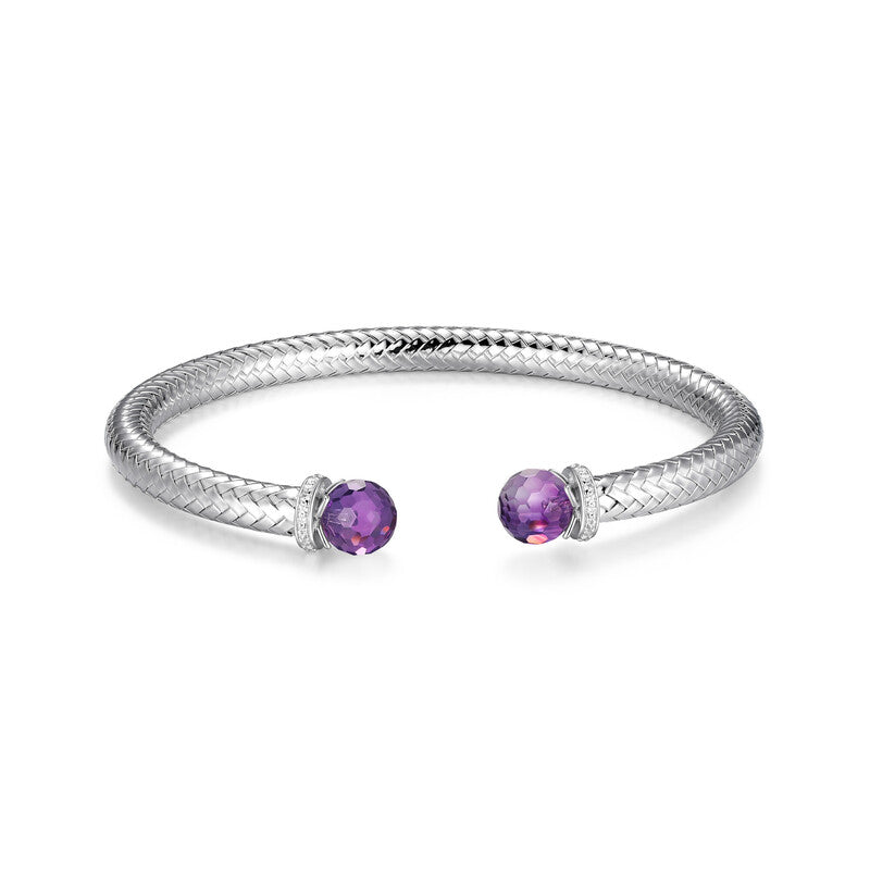 Sterling Silver New Mesh 2 Genuine Amethyst And Cubic Zirconia Bracelet Inner Circumference 6.75" Rhodium Finish