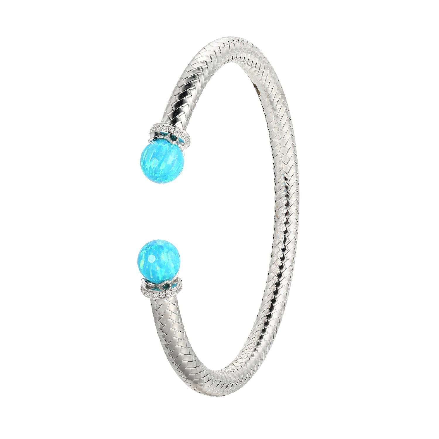 Sterling Silver New Mesh 2 Created Opal And Cubic Zirconia Cuff Bracelet Inner Circumference 6.75" Rhodium Finish