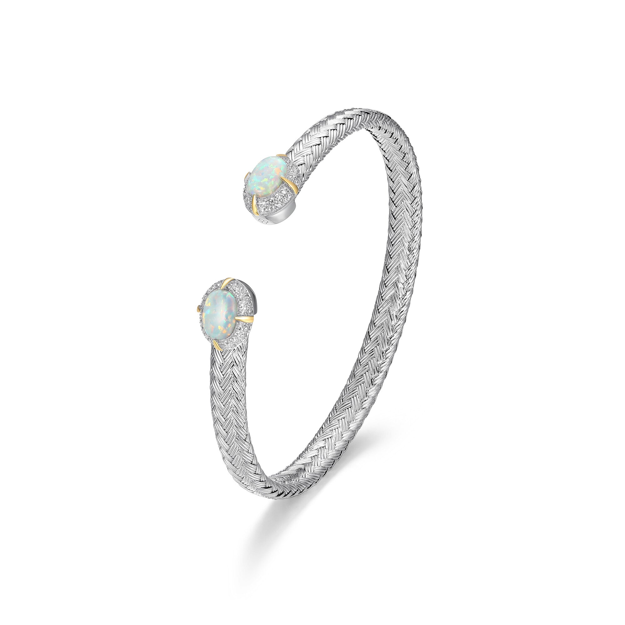 Sterling Silver L'Opal Created Oval  Opal And Cubic Zirconia Cuff Bracelet Inner Circumference 6.75" Rhodium And Yellow Gold Finish