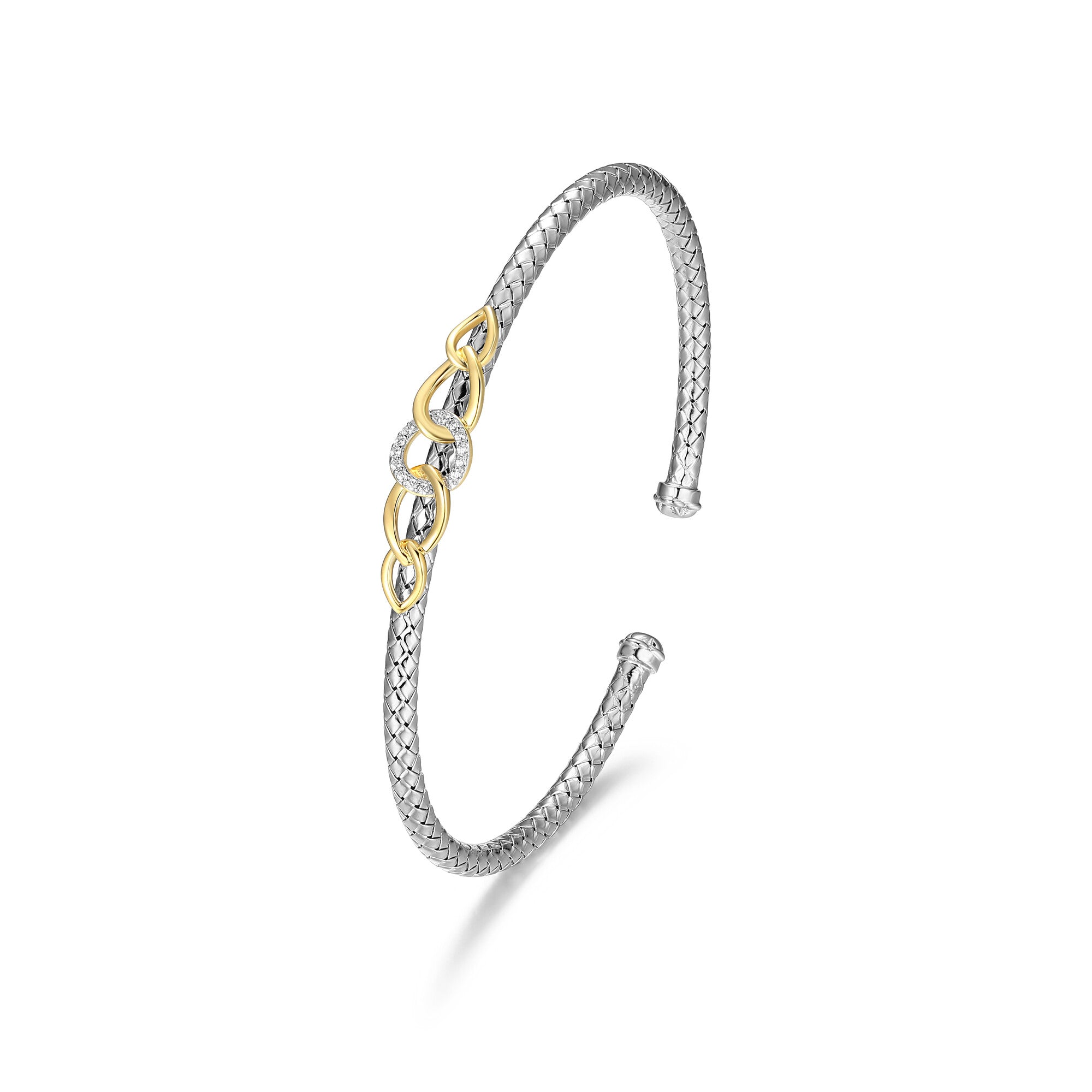 Sterling Silver Celeste Oval Link With Cubic Zirconia Cuff Bracelet Inner Circumference 6.75" Rhodium And Yellow Gold Finish