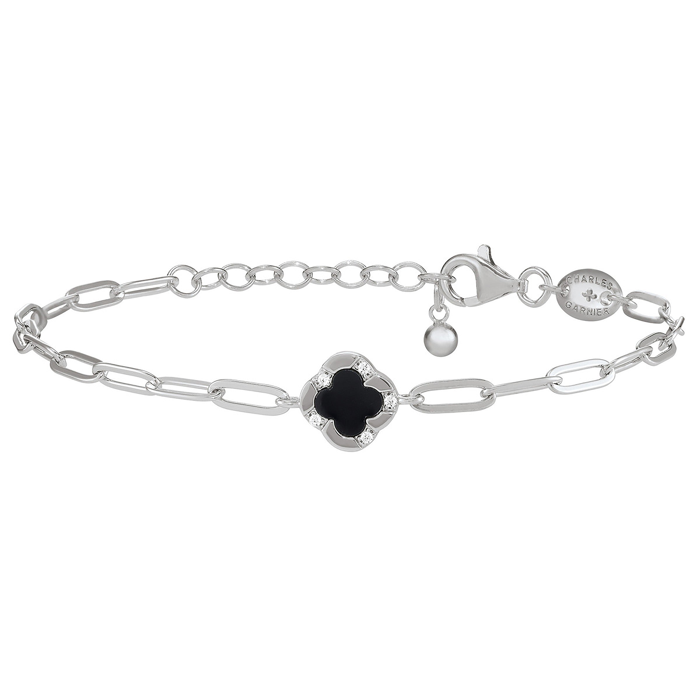 CB0197 - Black Onyx Clover Paperclip Chain Bracelet