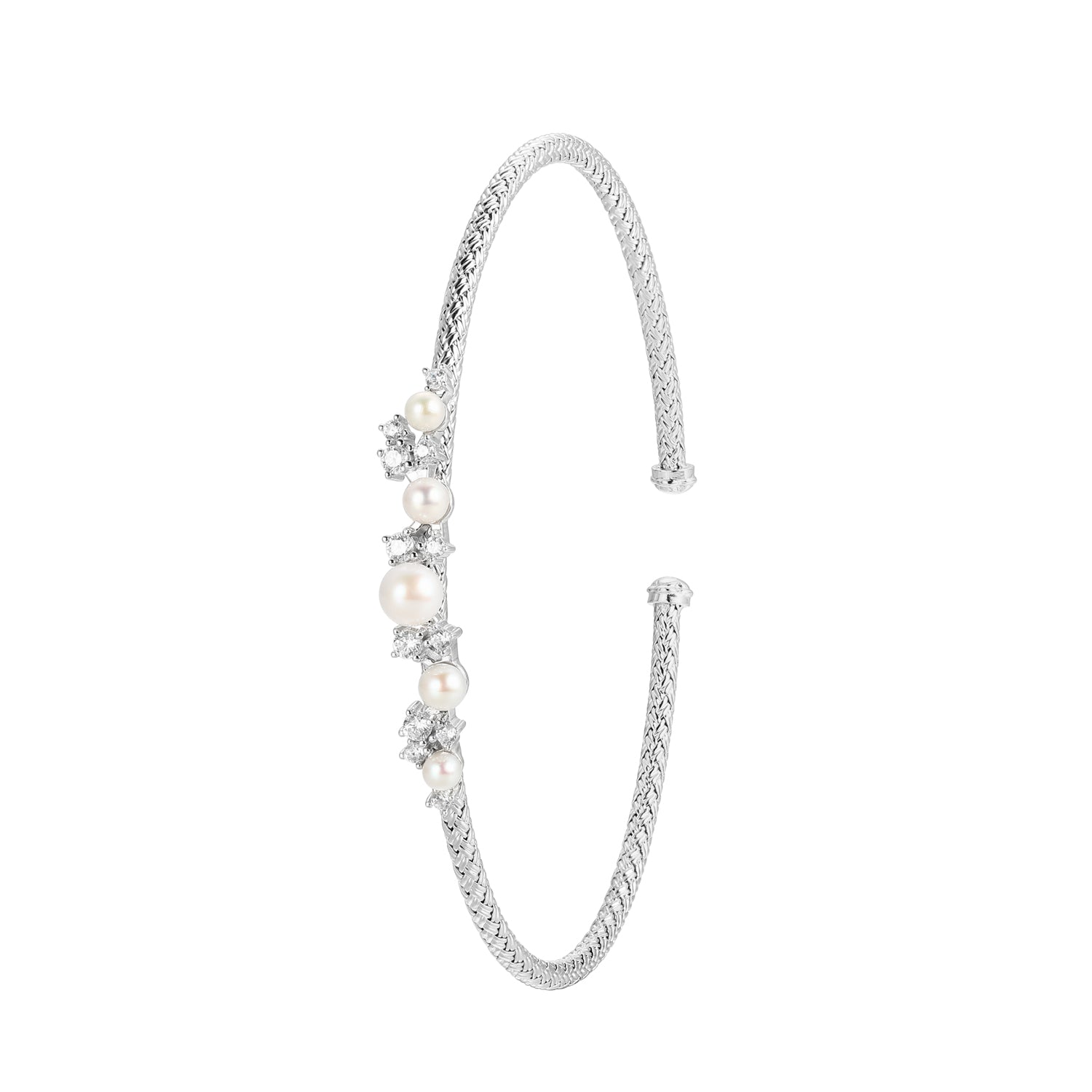 This Cuff Bracelet From Charles Garnier's Pearl Collection Exudes Elegance With Sparkling Cubic Zirconia And Genuine Freshwater Pearls Set In Sterling Silver With Rhodium Finish. The Open Cuff Design Adds A Contemporary Touch.
