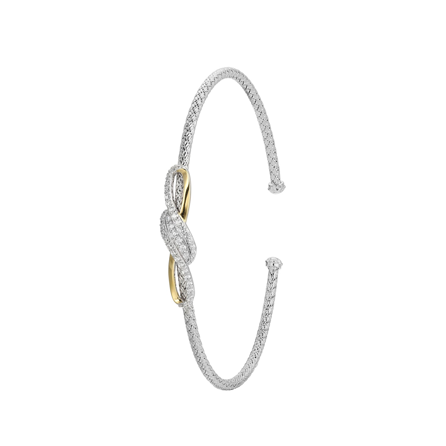 This Cuff Bracelet From Charles Garnier's Serena Collection Exudes Elegance With Its Dual-tone Metal Design, Featuring Sterling Silver With Rhodium And Yellow Gold Finish. The Intricate Detailing Is Accentuated By Sparkling Cubic Zirconia.