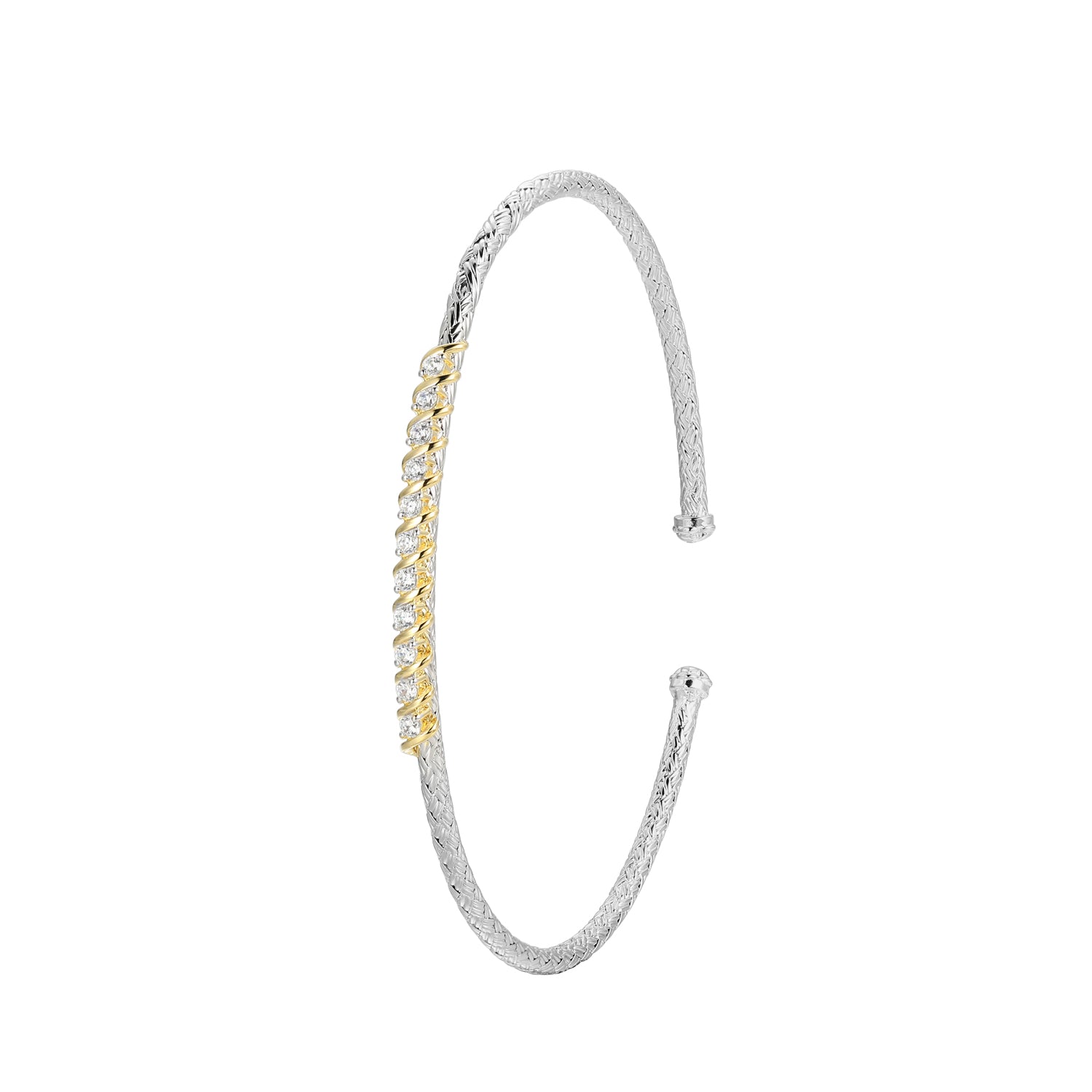This Cuff Bracelet From Charles Garnier's Flourish Collection Features A Combination Of Sterling Silver With Rhodium And Yellow Gold Finish, Embellished With Sparkling Cubic Zirconia. Measuring 6.75â€, It Offers A Sophisticated And Modern Aesthetic.