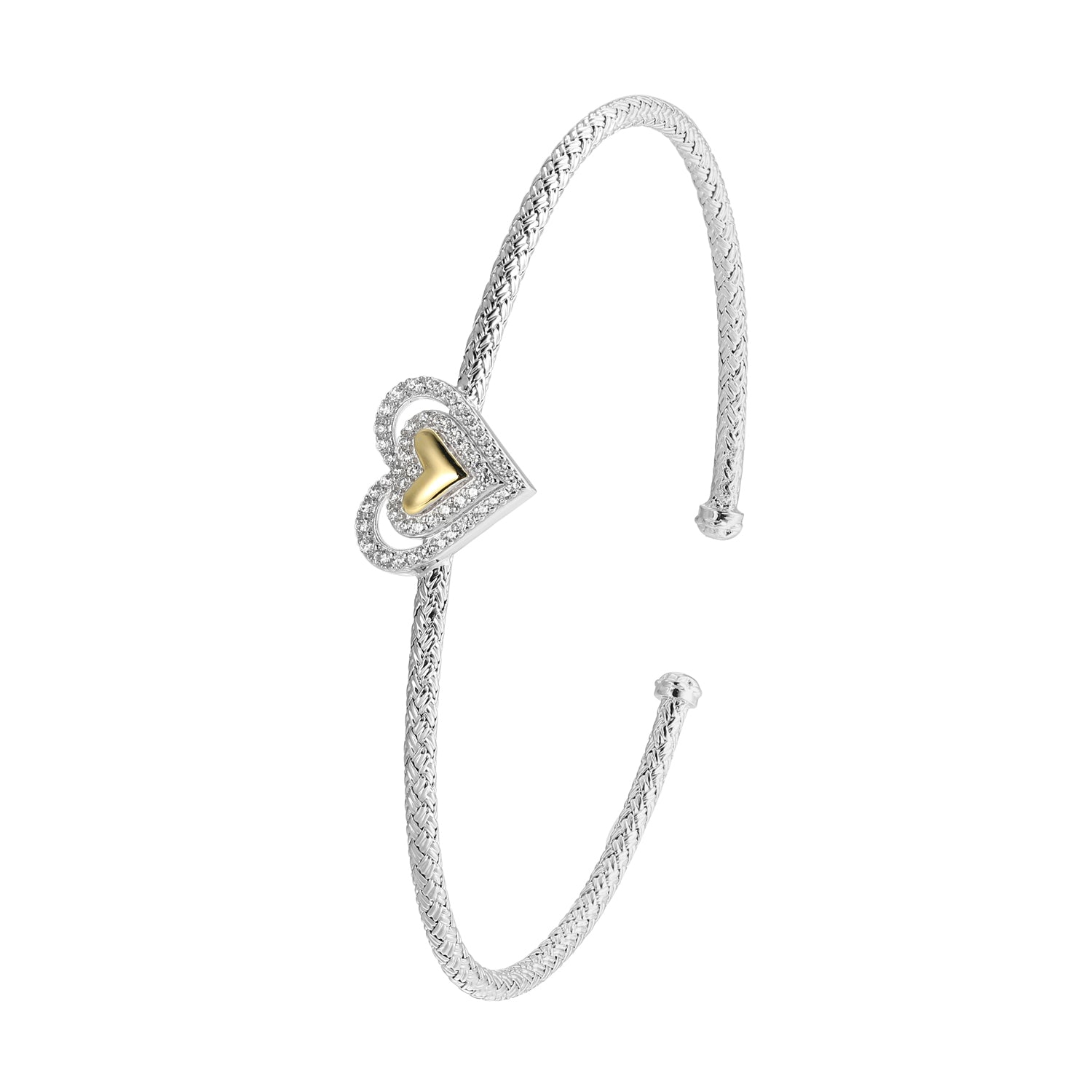 This Cuff Bracelet From Charles Garnier's Serena Collection Features A Striking Heart Motif Embellished With Sparkling Cubic Zirconia, Set In Sterling Silver With Rhodium And Yellow Gold Finish. Its Sleek Design Exudes Elegance And Sophistication.