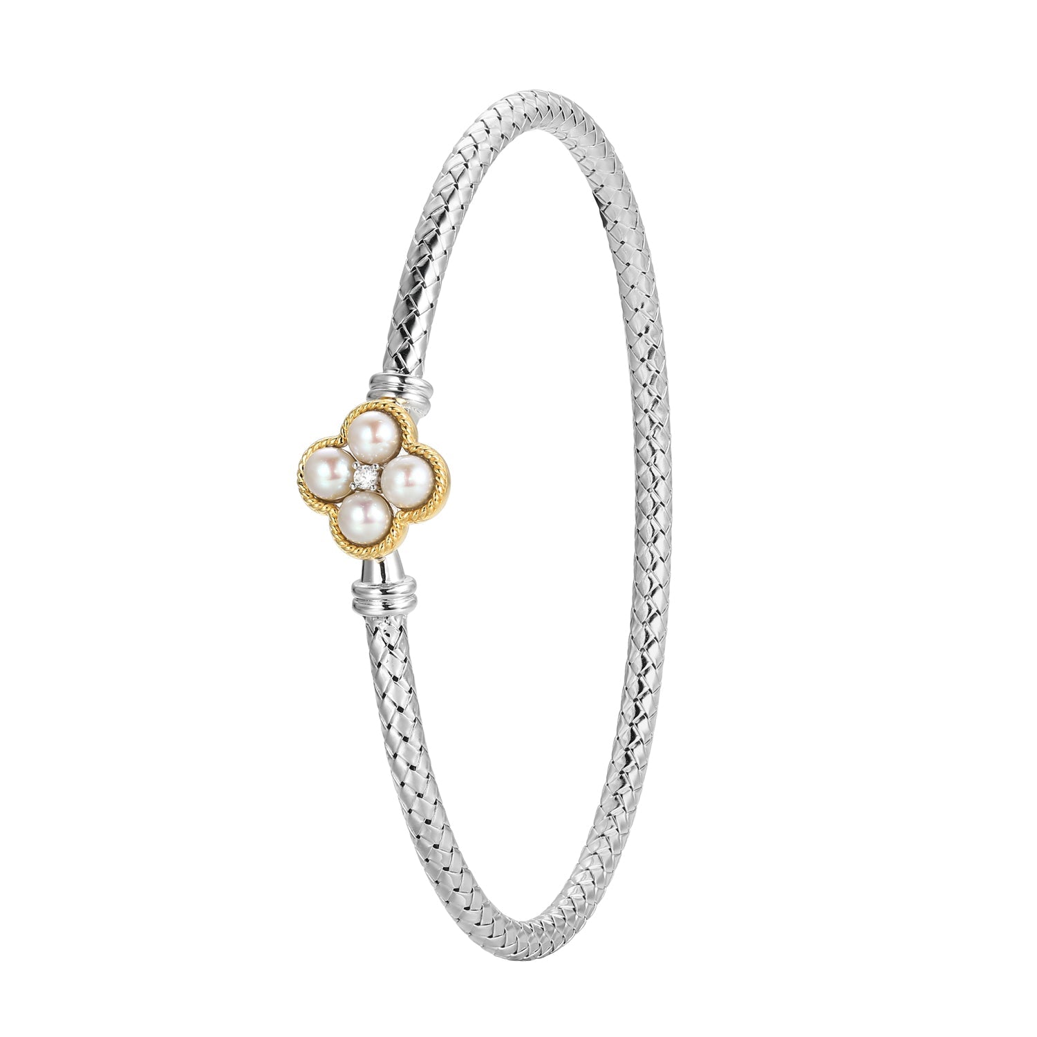This Bangle Bracelet From The TrãˆFle Collection Combines Elegance And Sophistication With Cubic Zirconia And Genuine Freshwater Pearl Accents. Crafted From Sterling Silver With Rhodium And Gold Finish, This Bangle Adds Refined Luxury To Any Outfit.