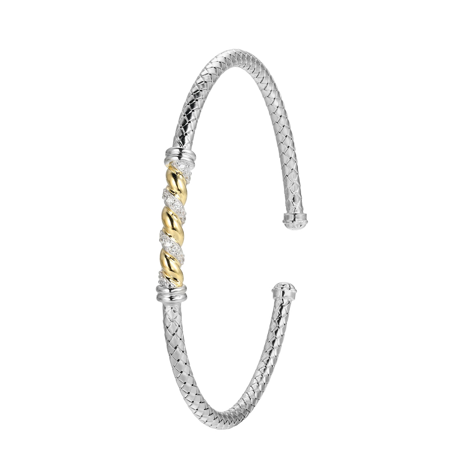 This Cuff Bracelet From Charles Garnier's Flourish Collection Showcases A Row Of Sparkling Cubic Zirconia Set In Sterling Silver With Rhodium And Yellow Gold Finish. The 6.75â€ Design Offers A Sleek, Open-ended Style Perfect For Layering.