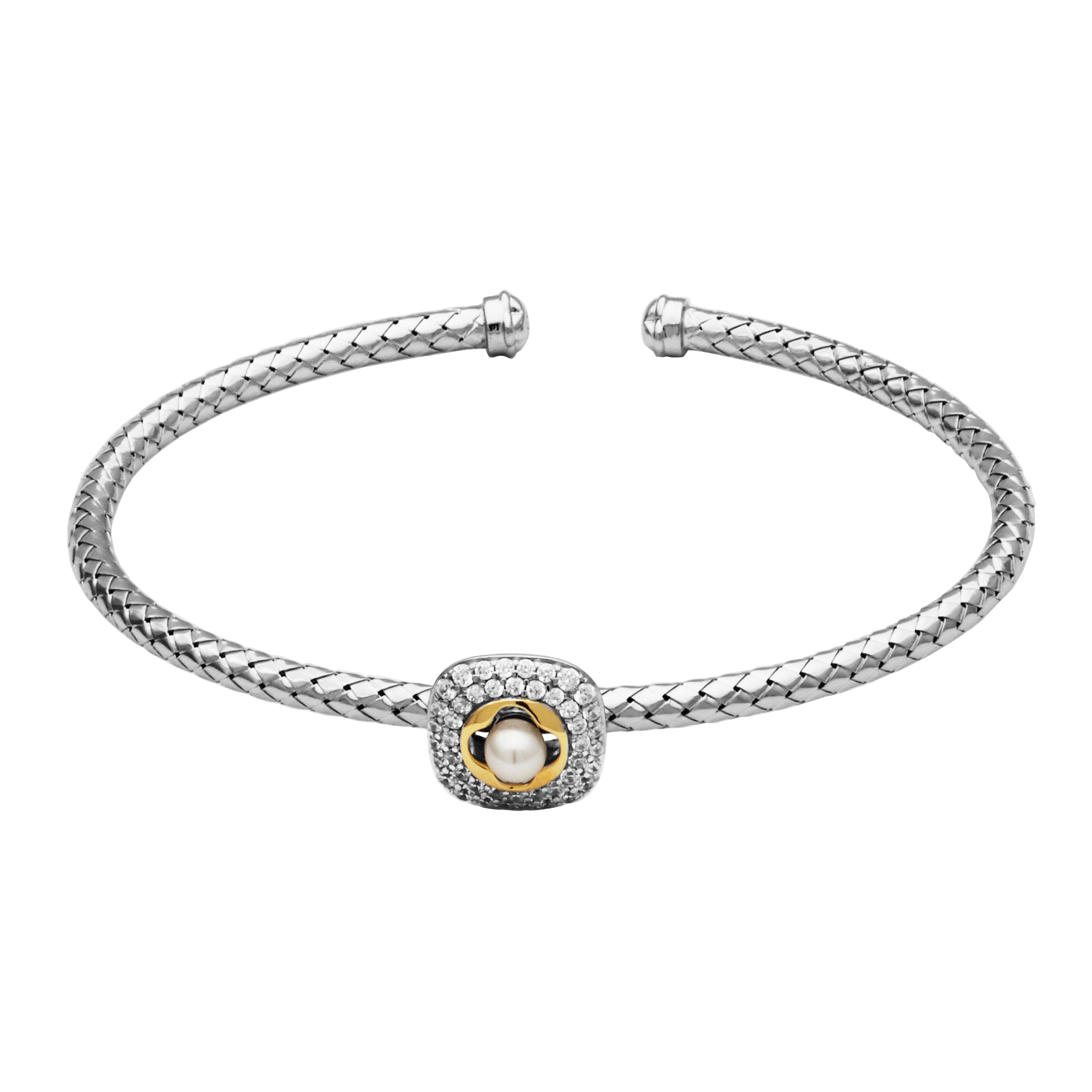 This Stunning Cuff Bracelet From Charles Garnier's Trãˆfle Collection Showcases Cubic Zirconia And A Genuine Freshwater Pearl For An Elegant Touch. Crafted From Sterling Silver With Rhodium And Yellow Gold Finish, It Offers A Striking Contrast.