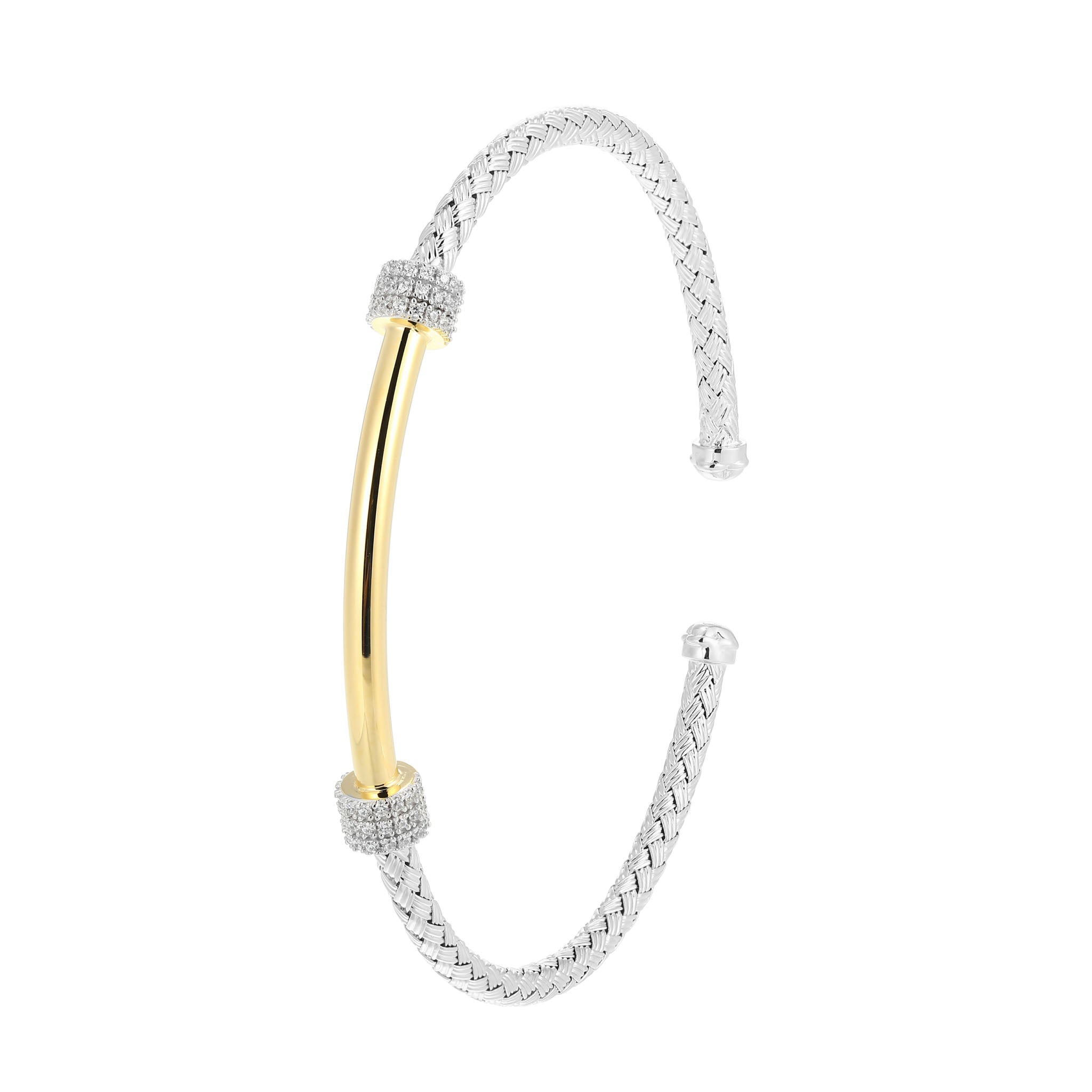 The Luxurious Details Define This Aurora Cuff Bracelet, Featuring A Polished Gold Bar Connecting The Finely Woven Silver Band - Accented With Sparkling Cubic Zirconia. A Versatile Piece That Is Perfect For Layering.